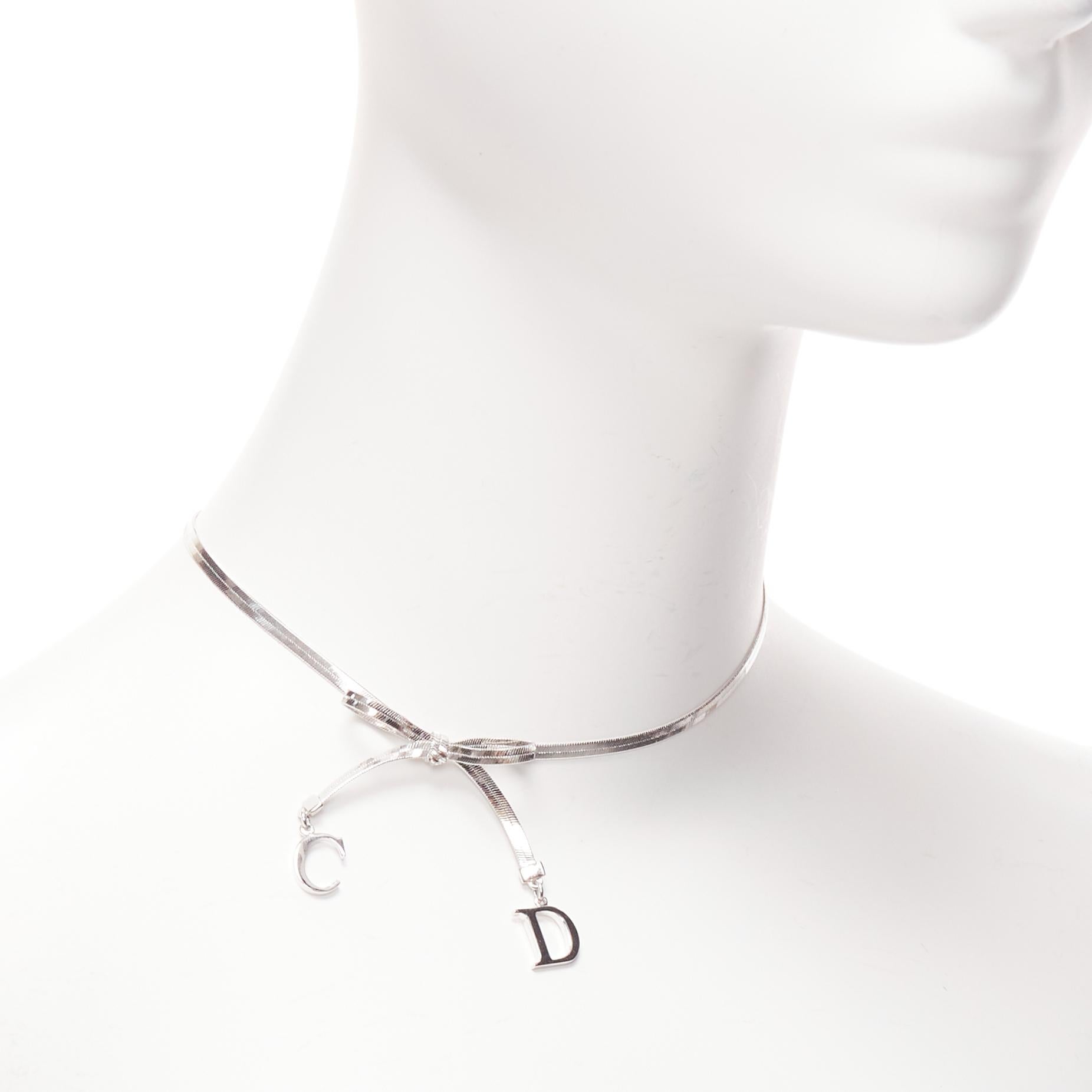 DIOR John Galliano Vintage silver plated CD metal charm ribbon necklace In Excellent Condition For Sale In Hong Kong, NT