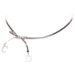 DIOR John Galliano Vintage silver plated CD metal charm ribbon necklace