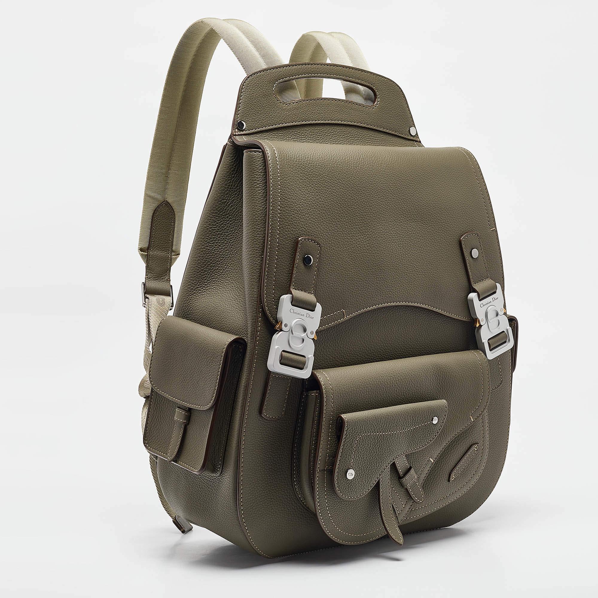Beige Dior Khaki Green Leather Maxi Gallop Backpack For Sale