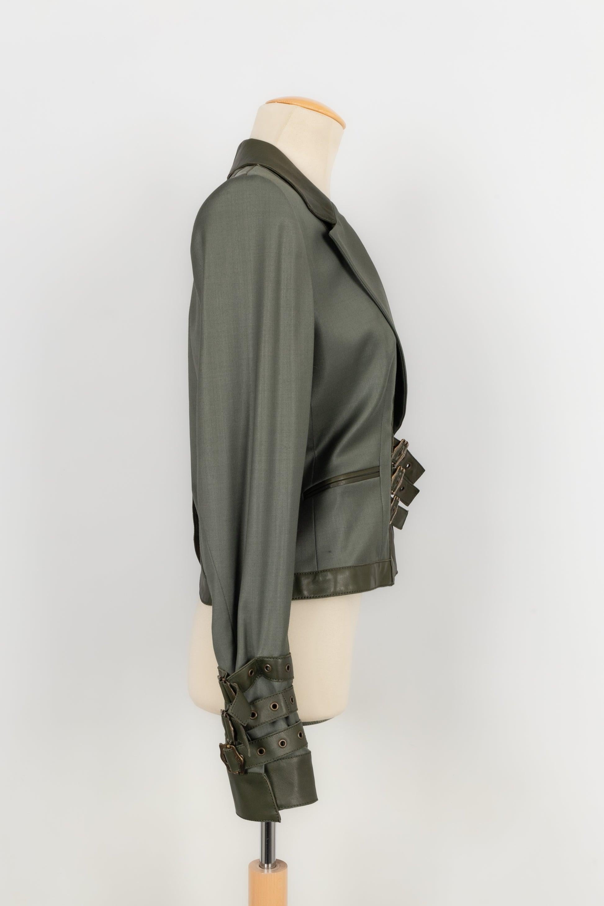 Dior Khaki Olive Green Leather and Wool Jacket Fall, 2003 In Excellent Condition For Sale In SAINT-OUEN-SUR-SEINE, FR