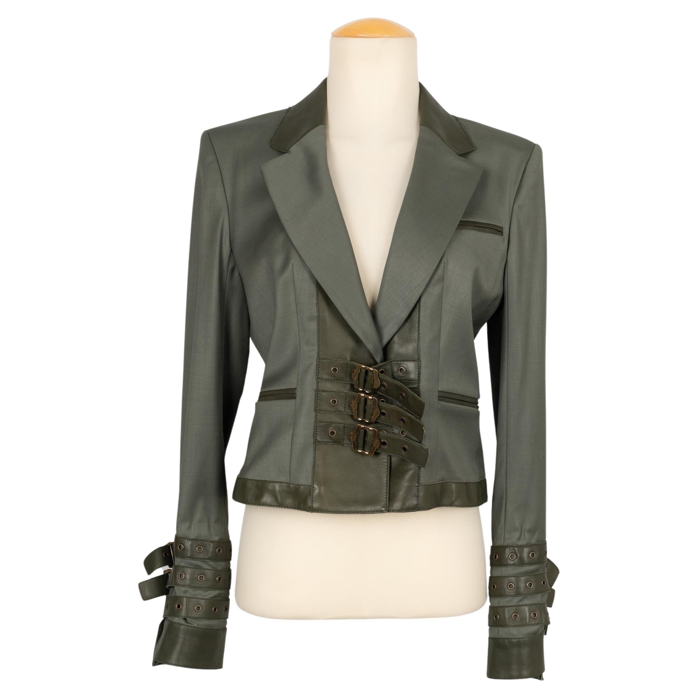 Dior Khaki Olive Green Leather and Wool Jacket Fall, 2003 For Sale
