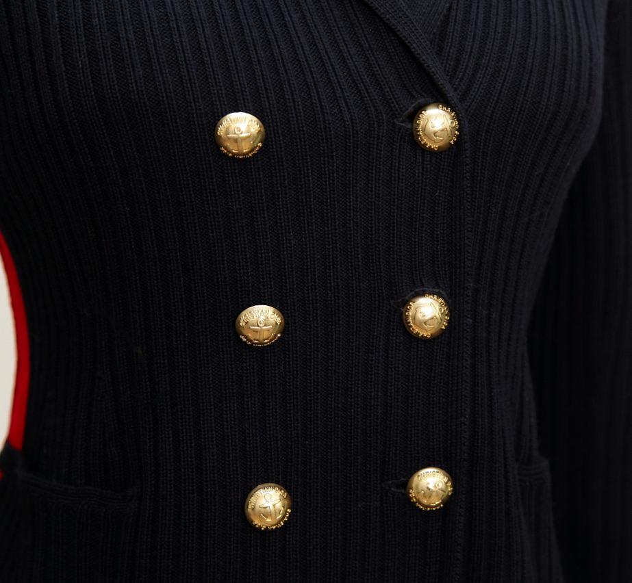 Black DIOR Knit Blazer Sweater BAR JACKET Navy Blue Red Stripe Double Breasted Gold 36 For Sale