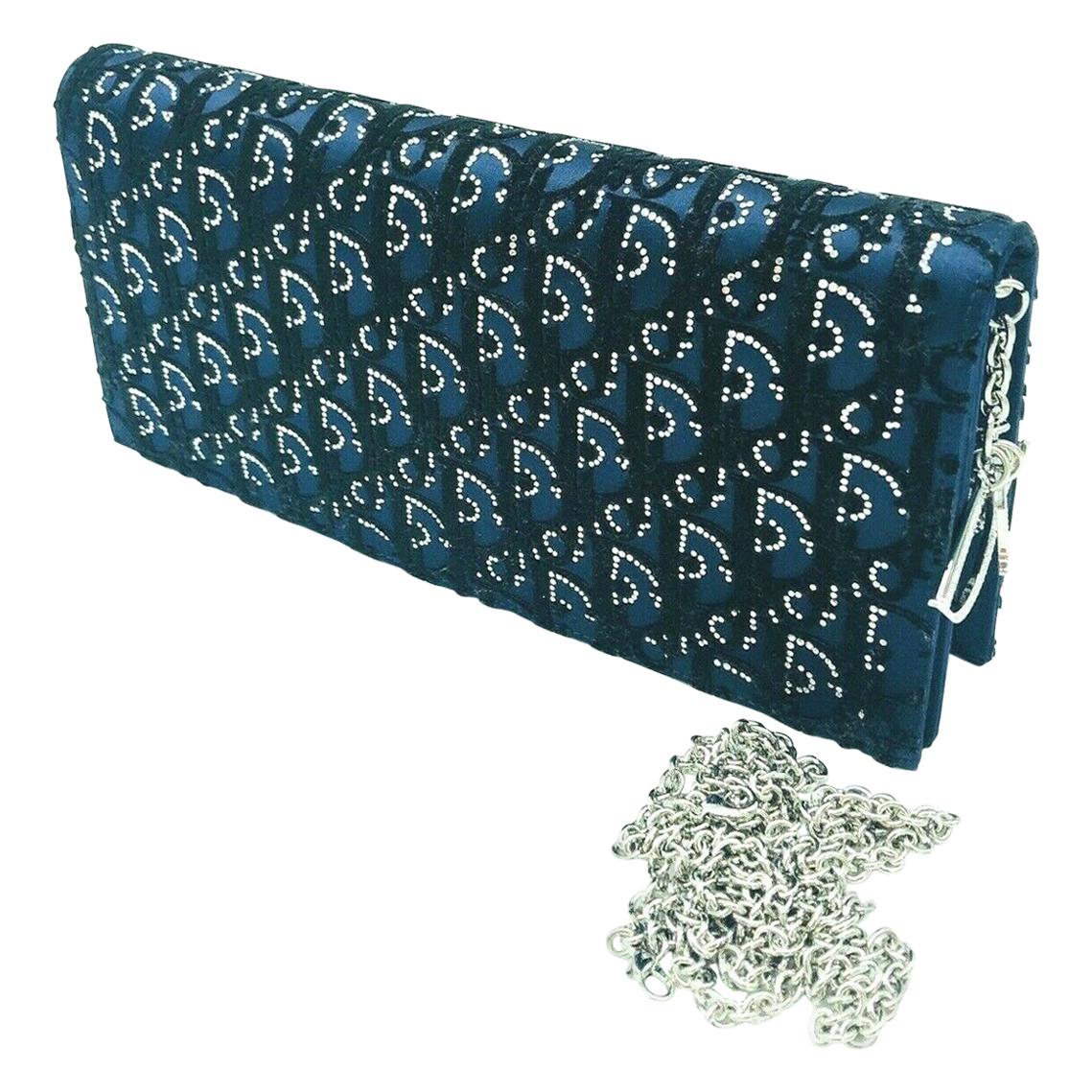 DIOR - Lady Dior Evening Chain Clutch Bag - Navy with Crystals-New Condition For Sale