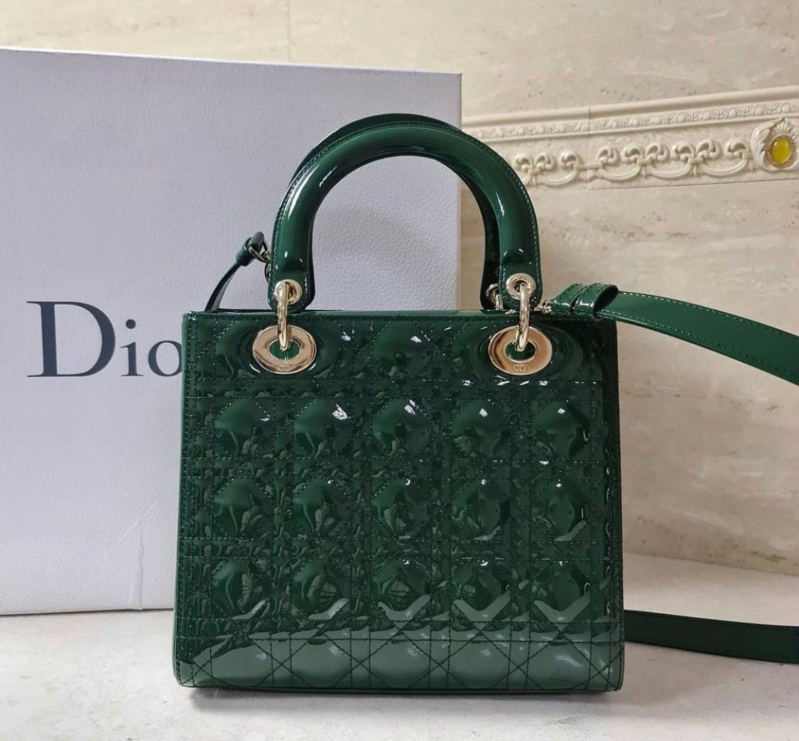 Black Dior Lady Dior Medium Green Patent Leather Bag