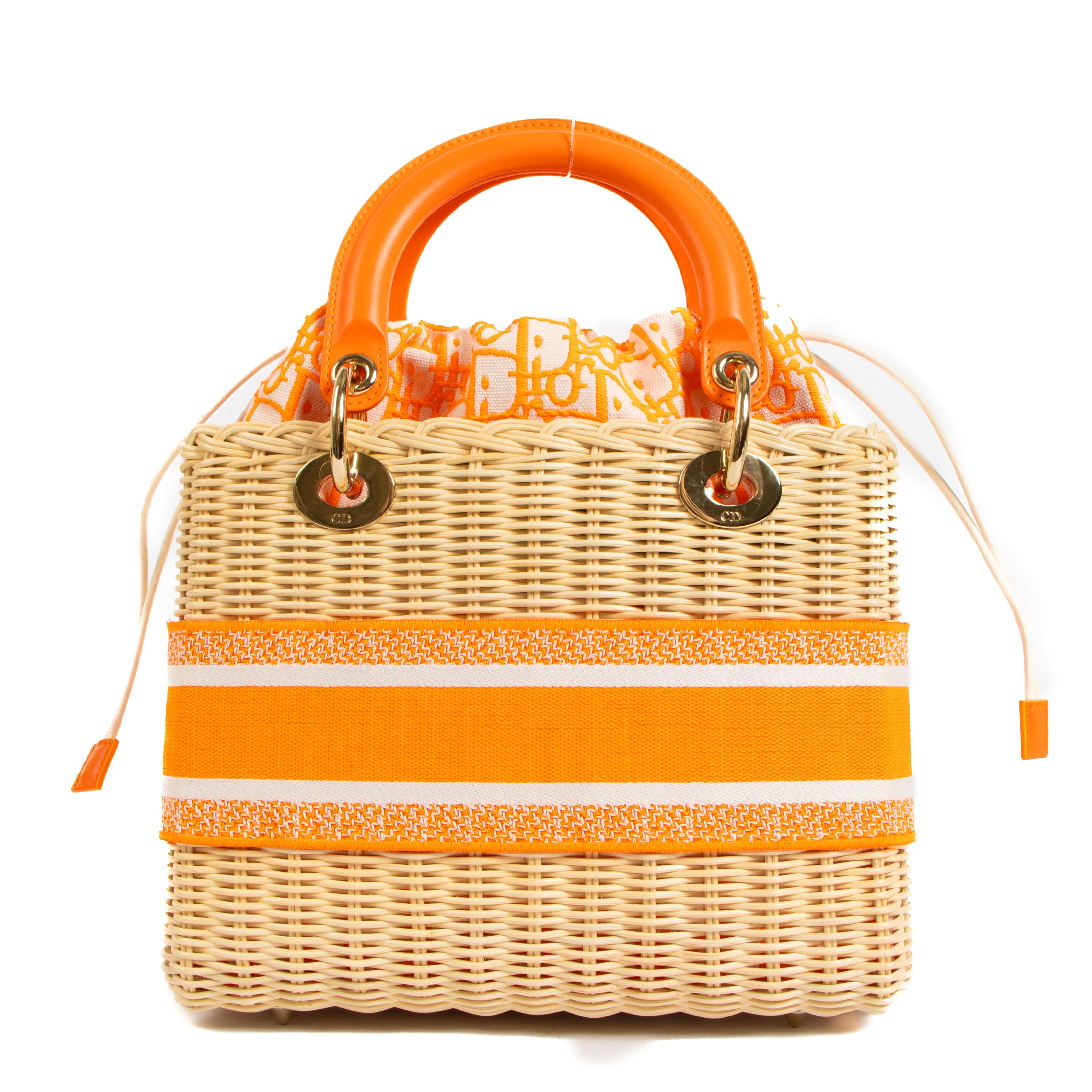 Dior Lady Dior Medium Wicker Fluo Orange Bag In New Condition In Antwerp, BE