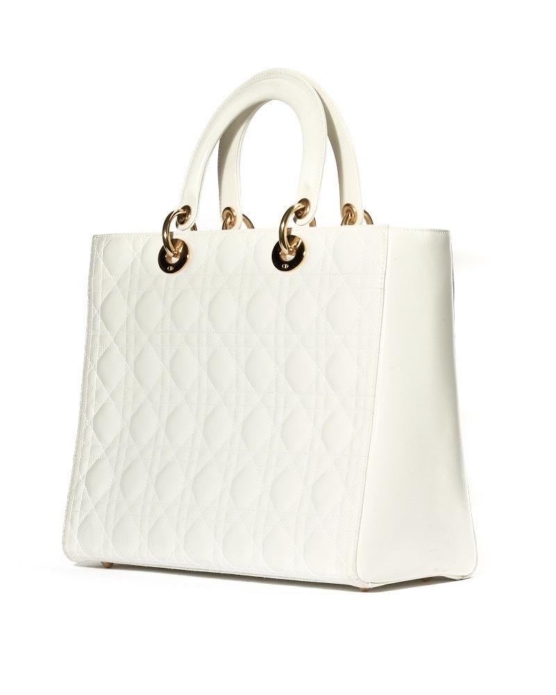 Bianco Dior Lady Large Vintage Cannage Vernice Bianca