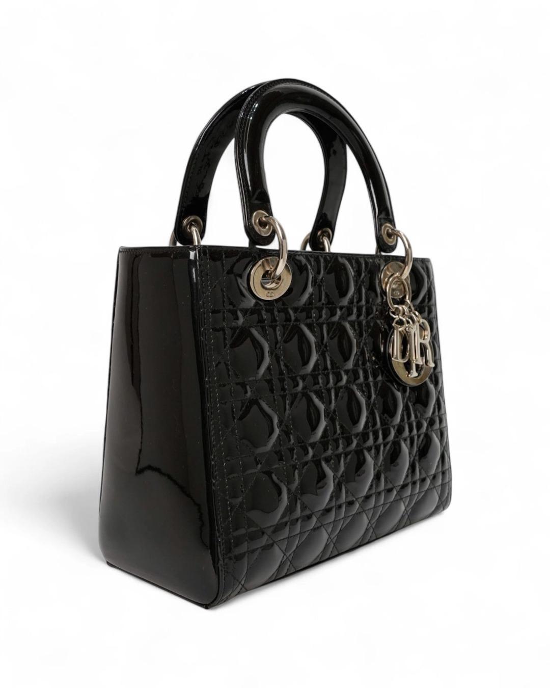 Dior Lady Medium Vintage Cannage Lucida Nera im Angebot 7