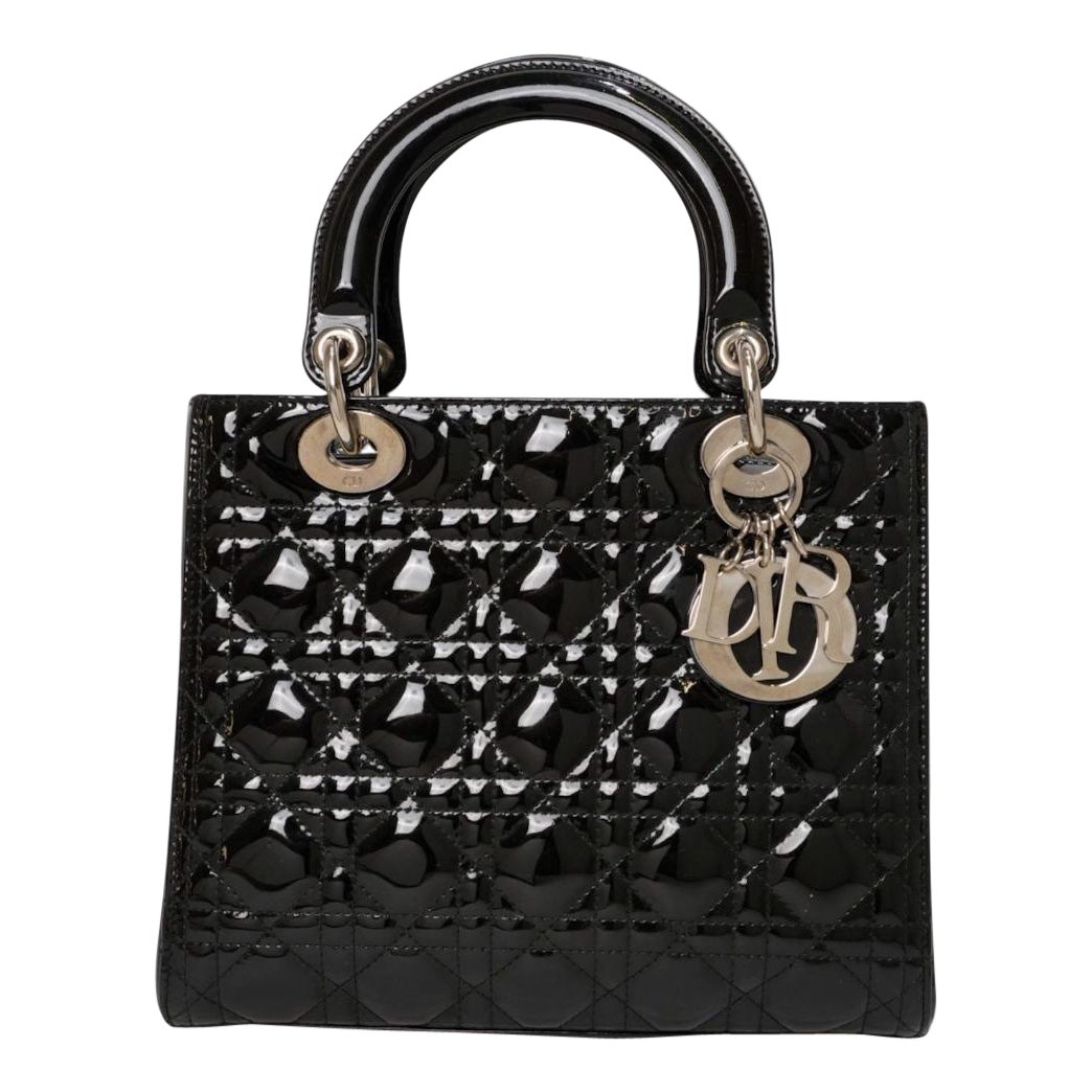 Dior Lady Medium Vintage Cannage Lucida Nera im Angebot