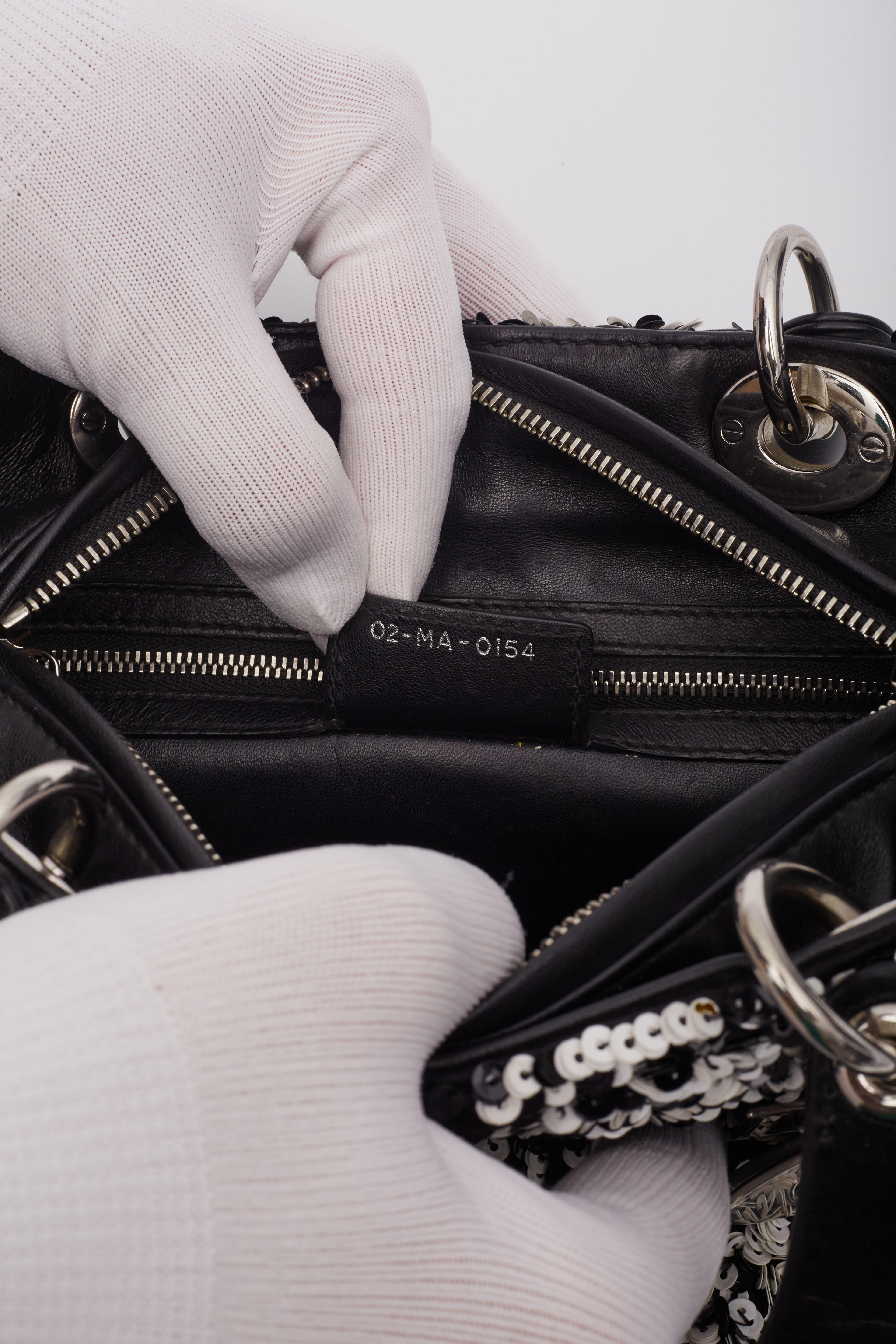 Dior Lambskin Black White Sequin Embellished Lady Dior Handbag Medium 7