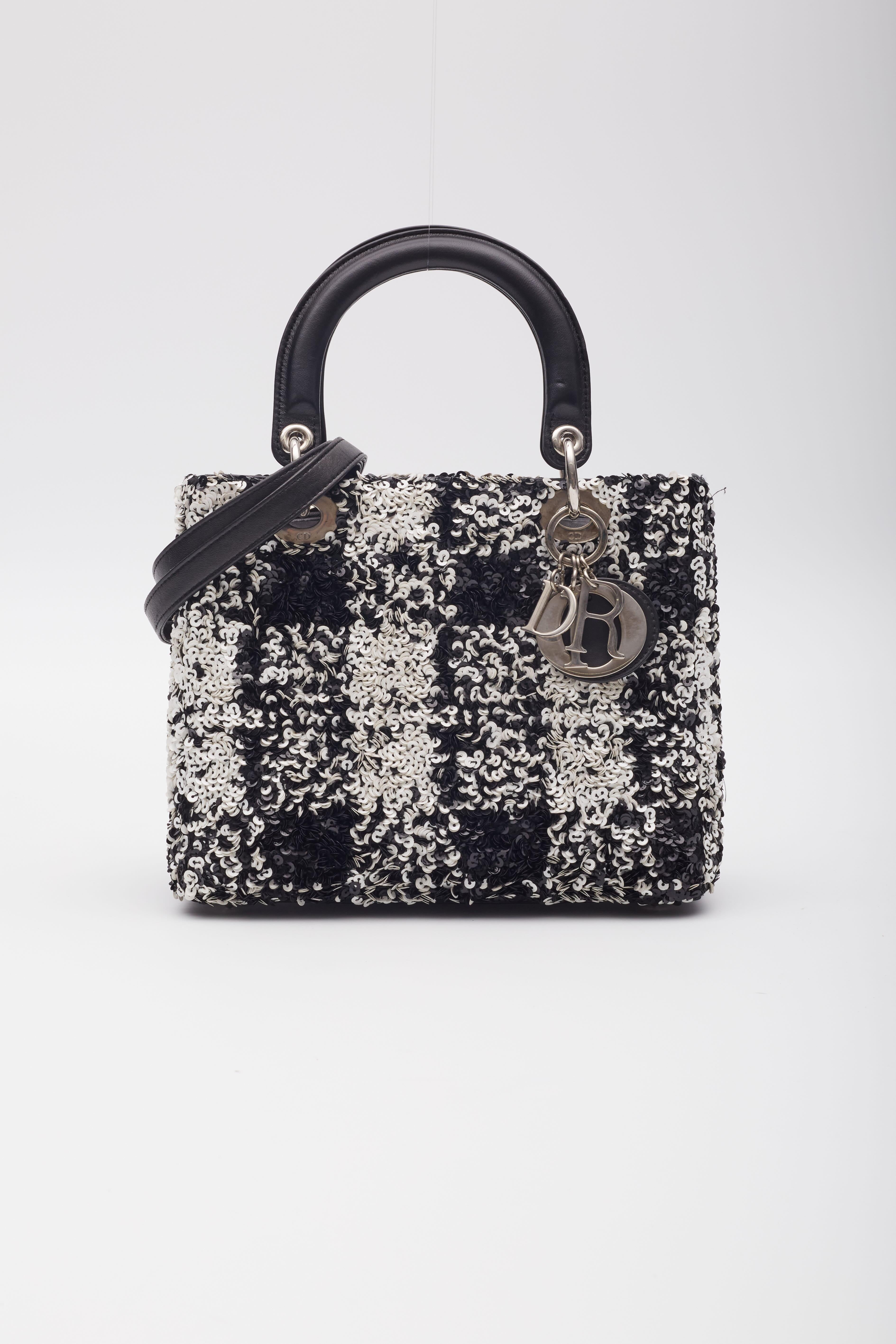 Women's Dior Lambskin Black White Sequin Embellished Lady Dior Handbag Medium