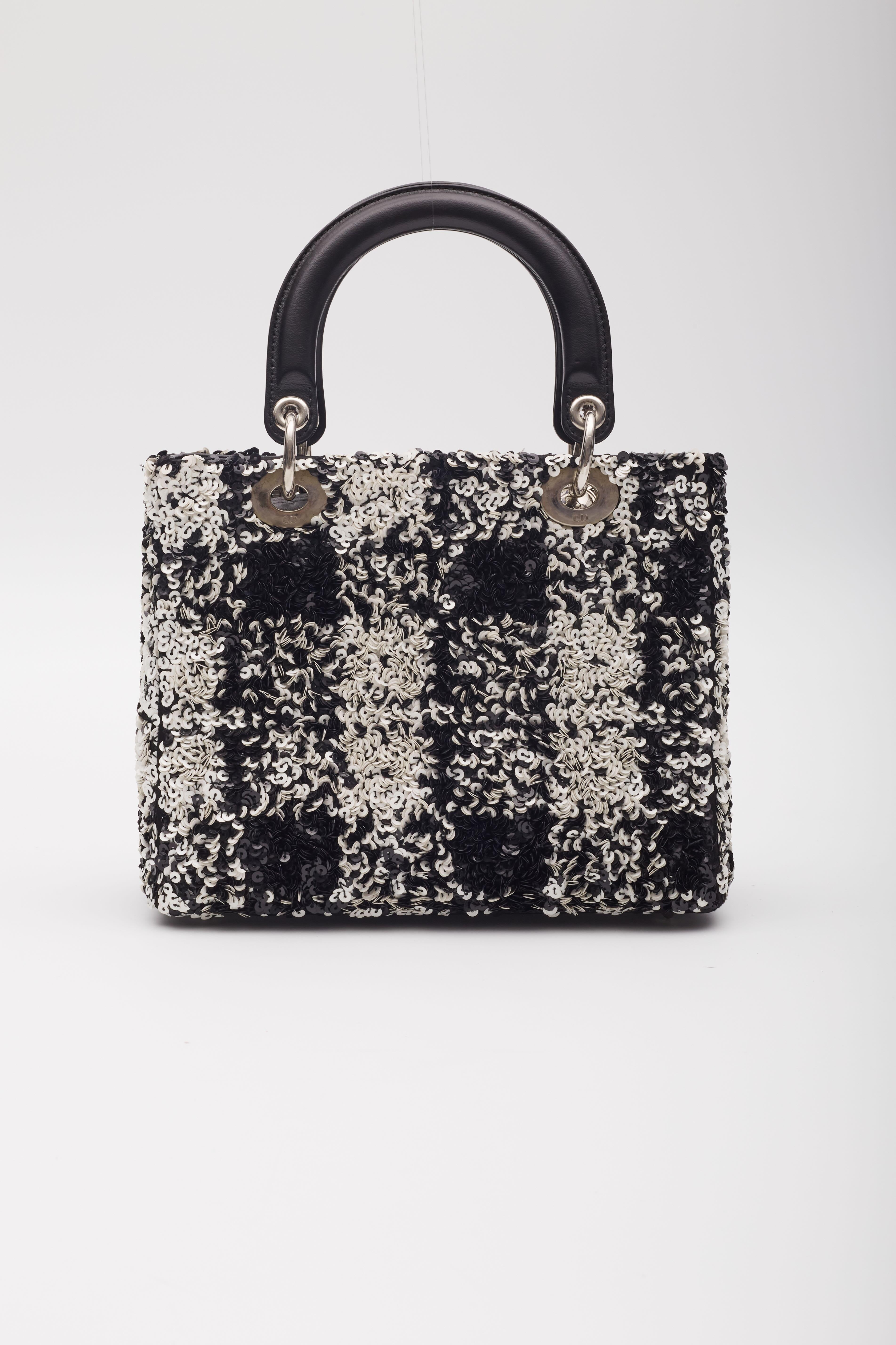Dior Lambskin Black White Sequin Embellished Lady Dior Handbag Medium 1