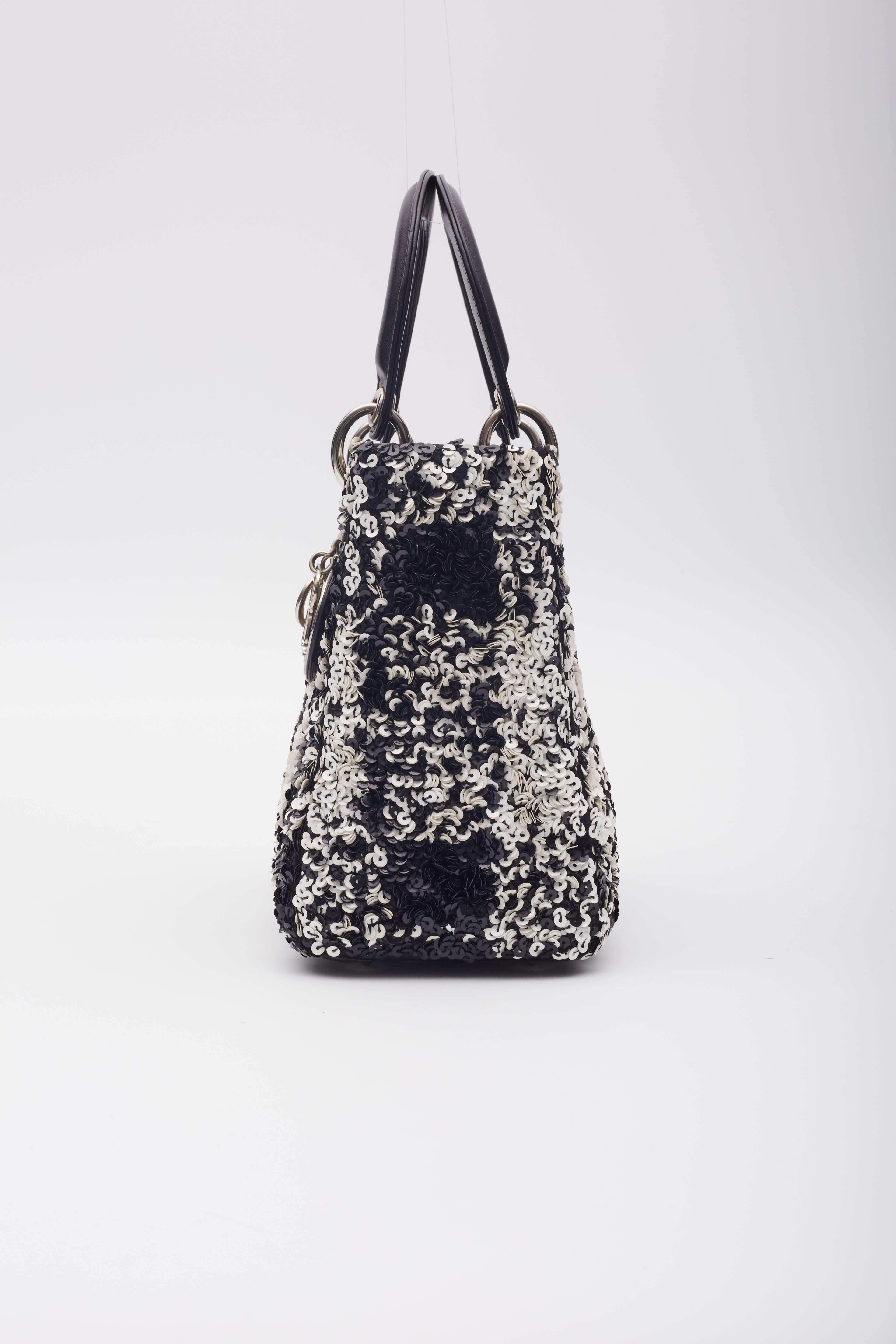 Dior Lambskin Black White Sequin Embellished Lady Dior Handbag Medium 2