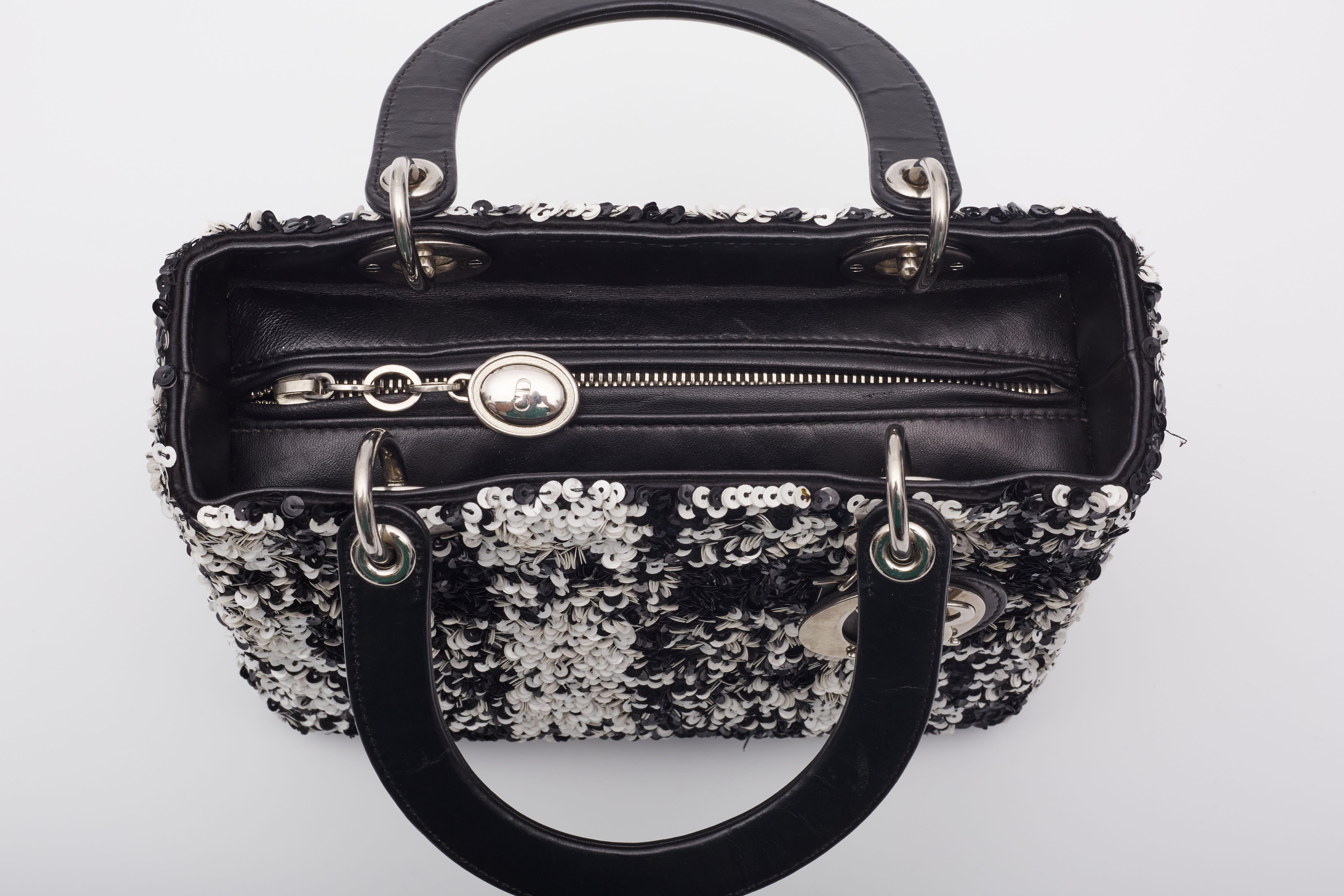 Dior Lambskin Black White Sequin Embellished Lady Dior Handbag Medium 4
