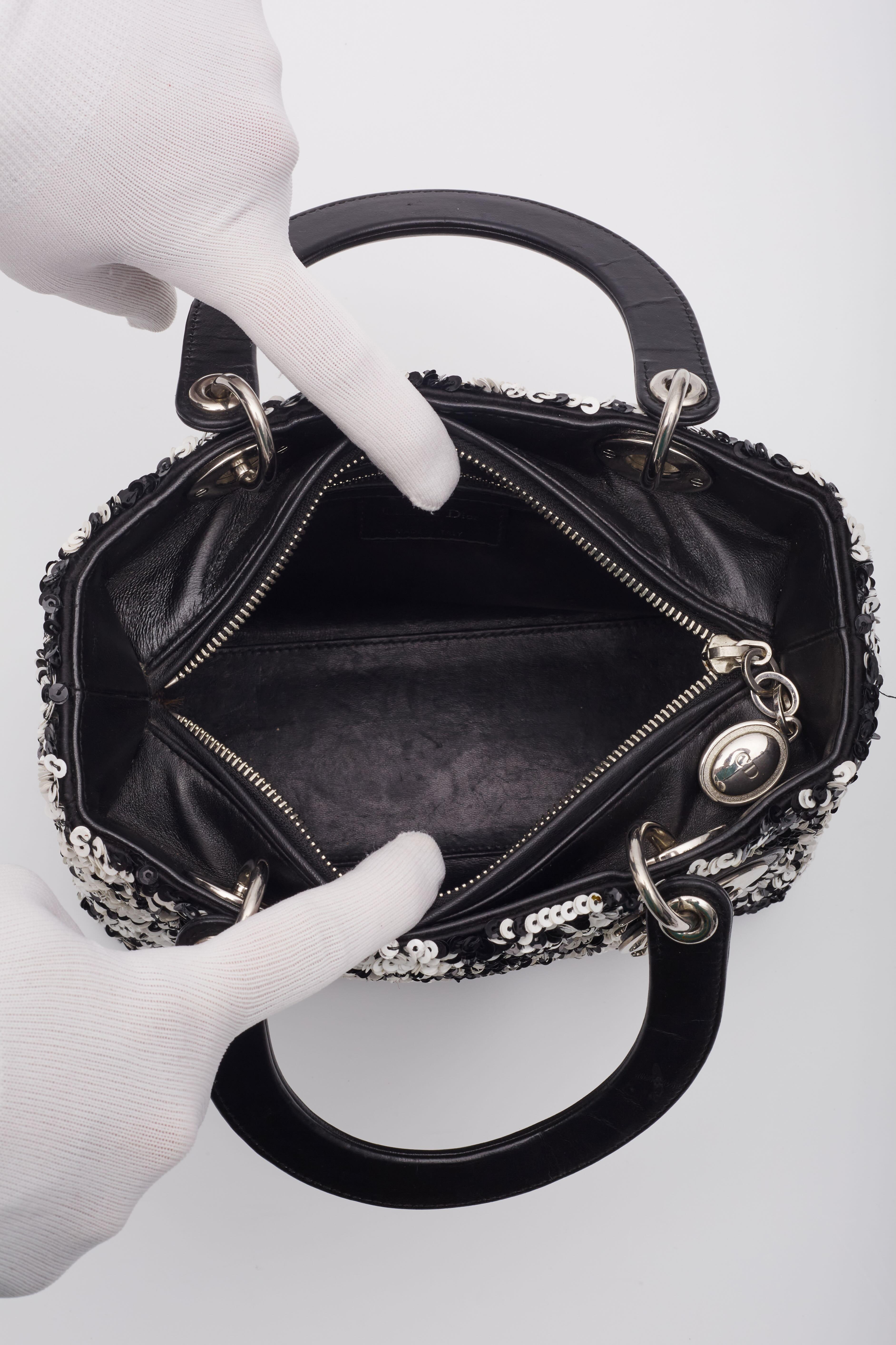 Dior Lambskin Black White Sequin Embellished Lady Dior Handbag Medium 5