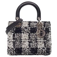 Dior Lambskin Black White Sequin Embellished Lady Dior Handbag Medium