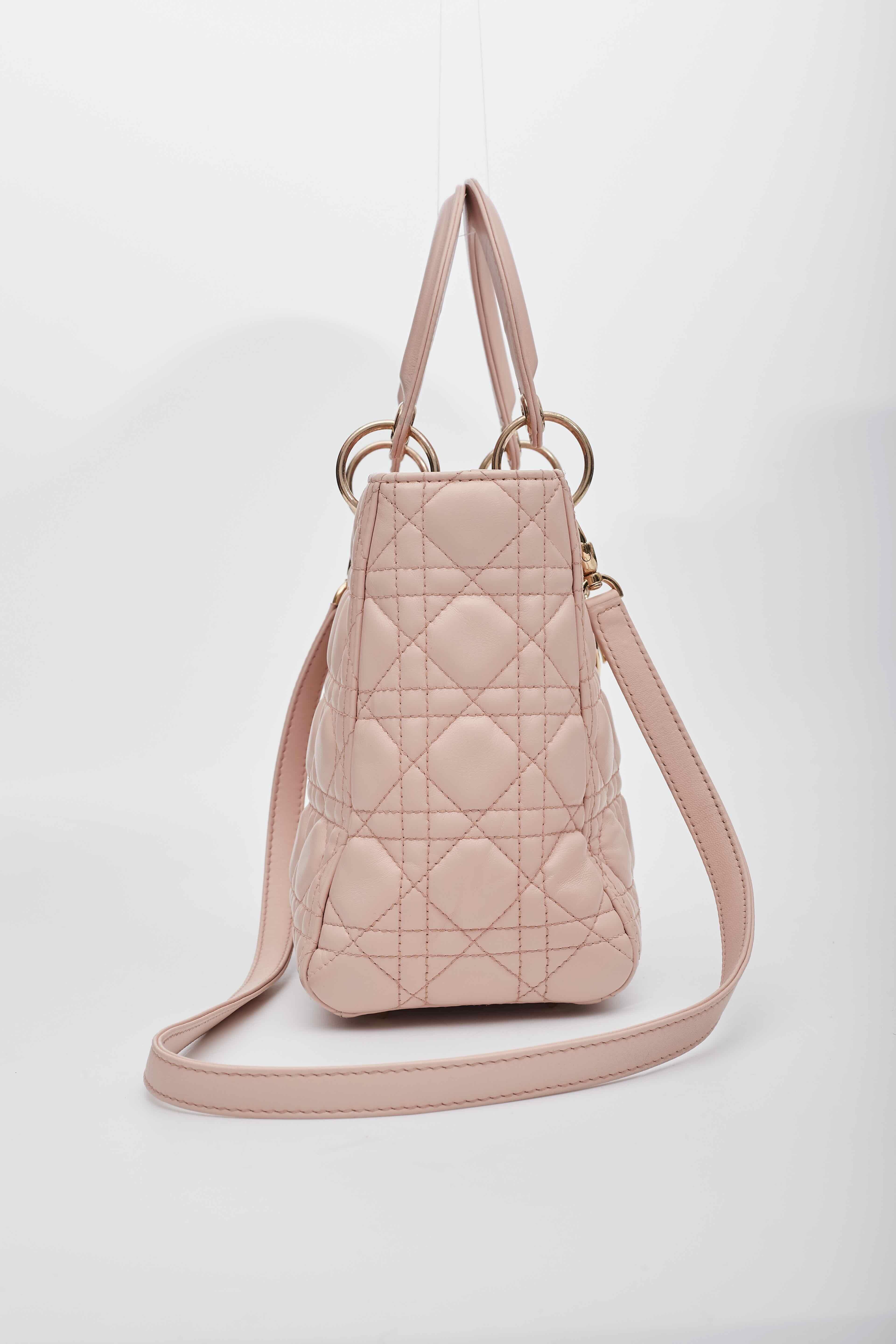 Dior Lambskin Light Pink Cannage Medium Lady Dior Bag In Good Condition In Montreal, Quebec