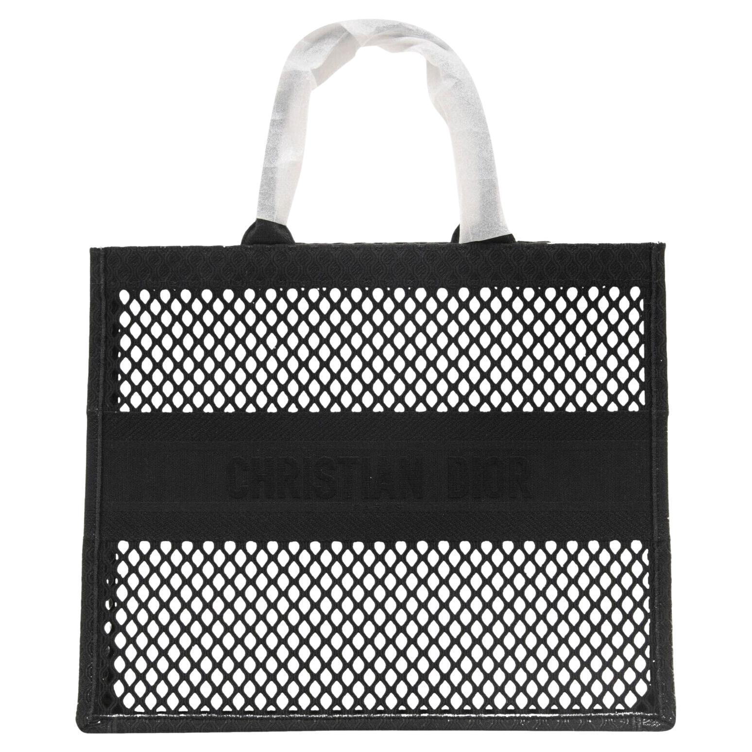 Dior Bolso Tote Libro Grande Logotipo Negro Tejido Malla Semitransparente Portátil en venta