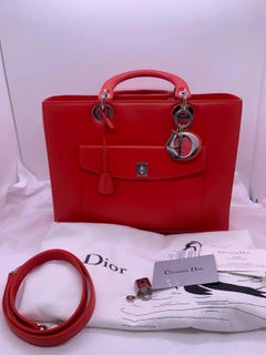 Dior Large Lady Dior Red Smooth Leather Tote Front Pocket Gold Hardware