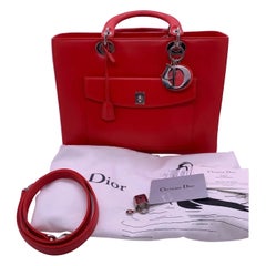 Dior Large Lady Dior Red Smooth Leather Tote Front Pocket Gold Hardware