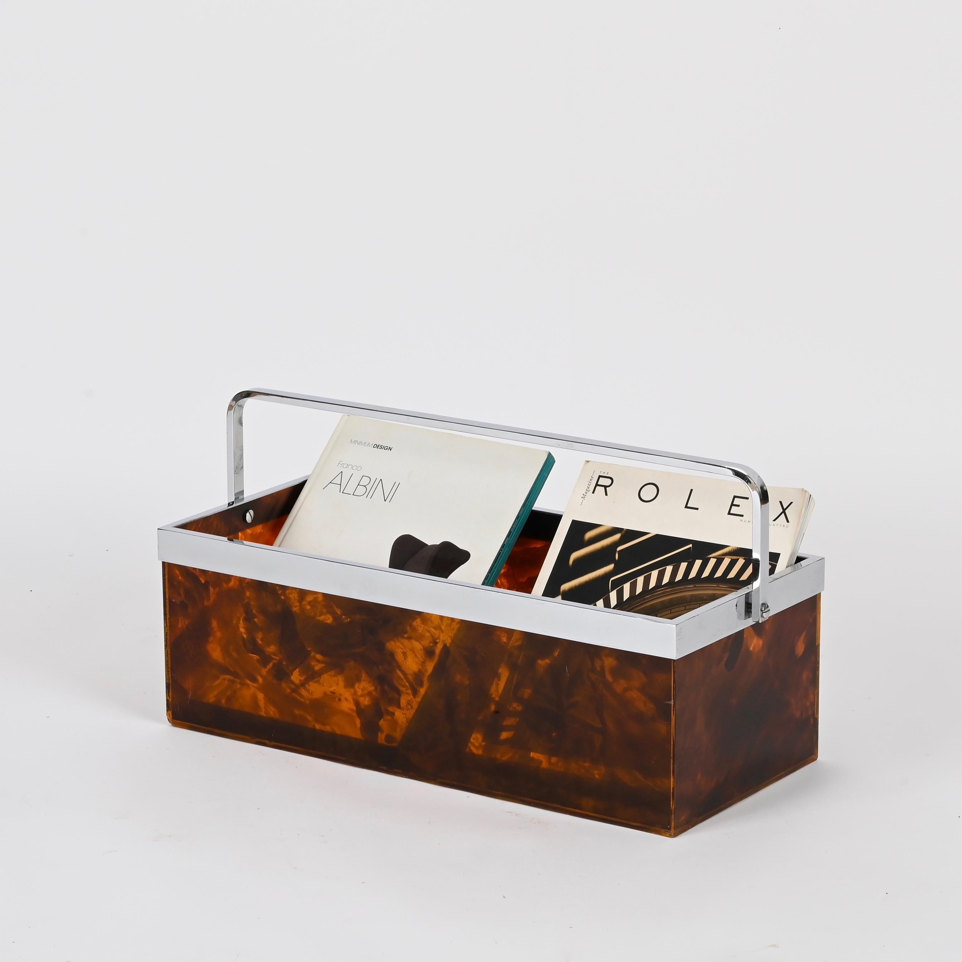 Hand-Crafted Dior Large Magazine or Bottle Rack, Tortoiseshell Lucite and Chrome, Italy 1970s For Sale