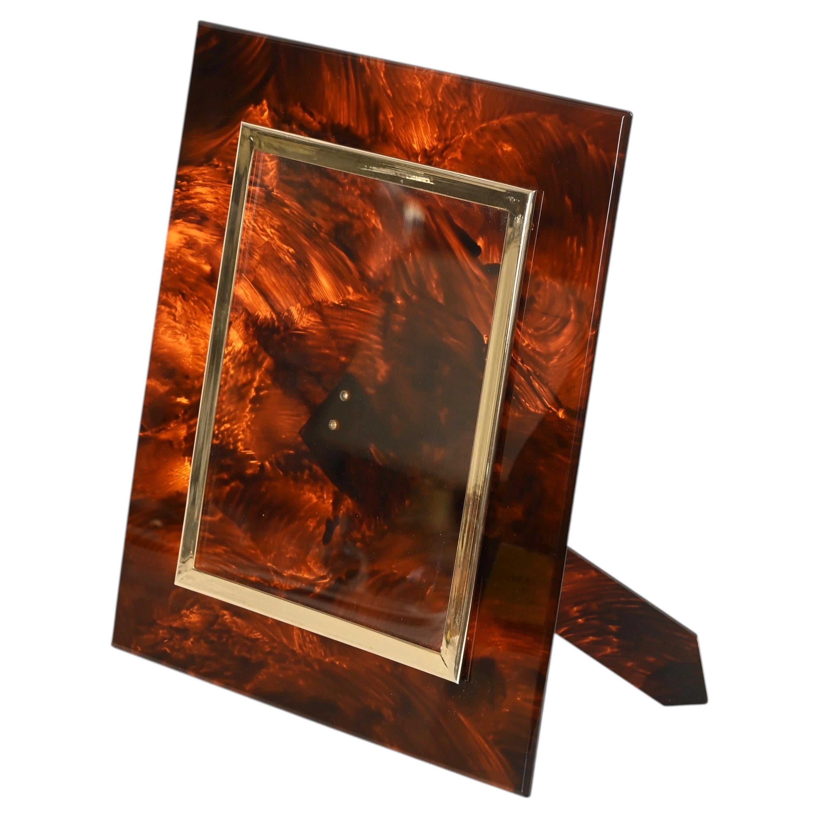 Dior Large Photo Frame in Gilt Brass and Lucite Tortoiseshell, Italy, 1970s