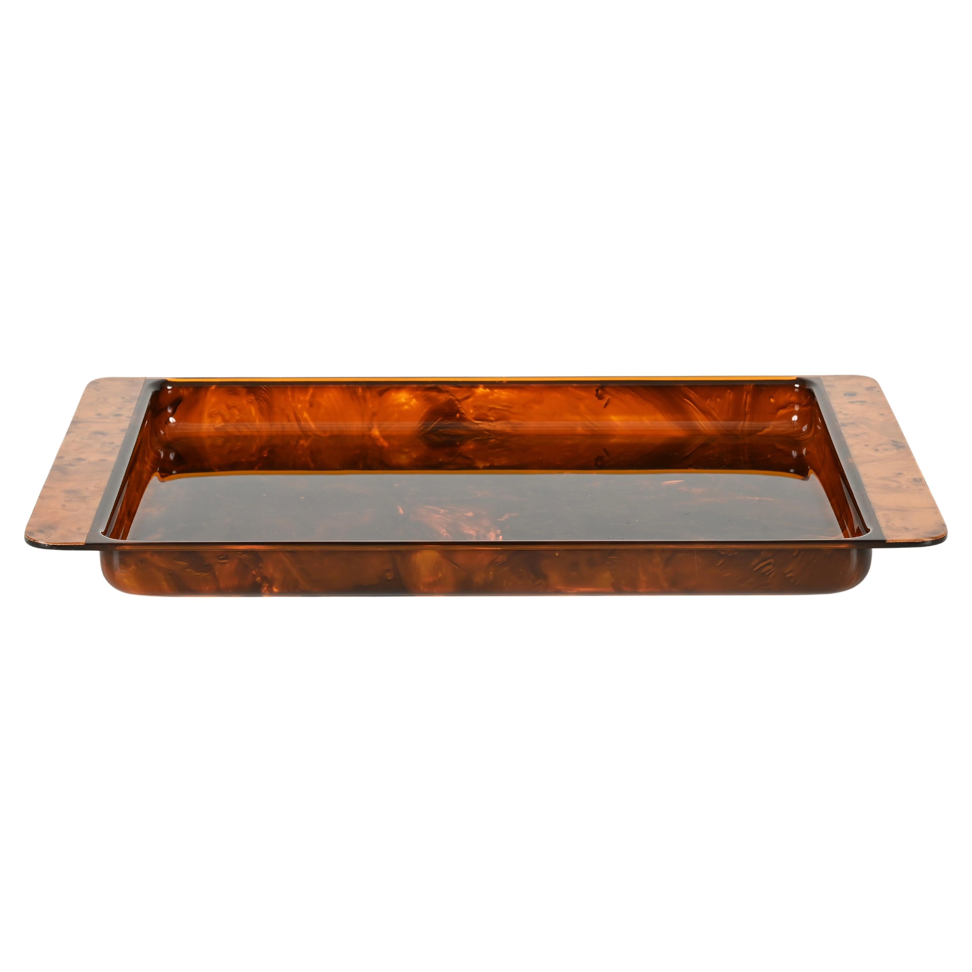 Dior Large Serving Tray in Tortoiseshell Effect Lucite and Burl, Italy, 1970s For Sale