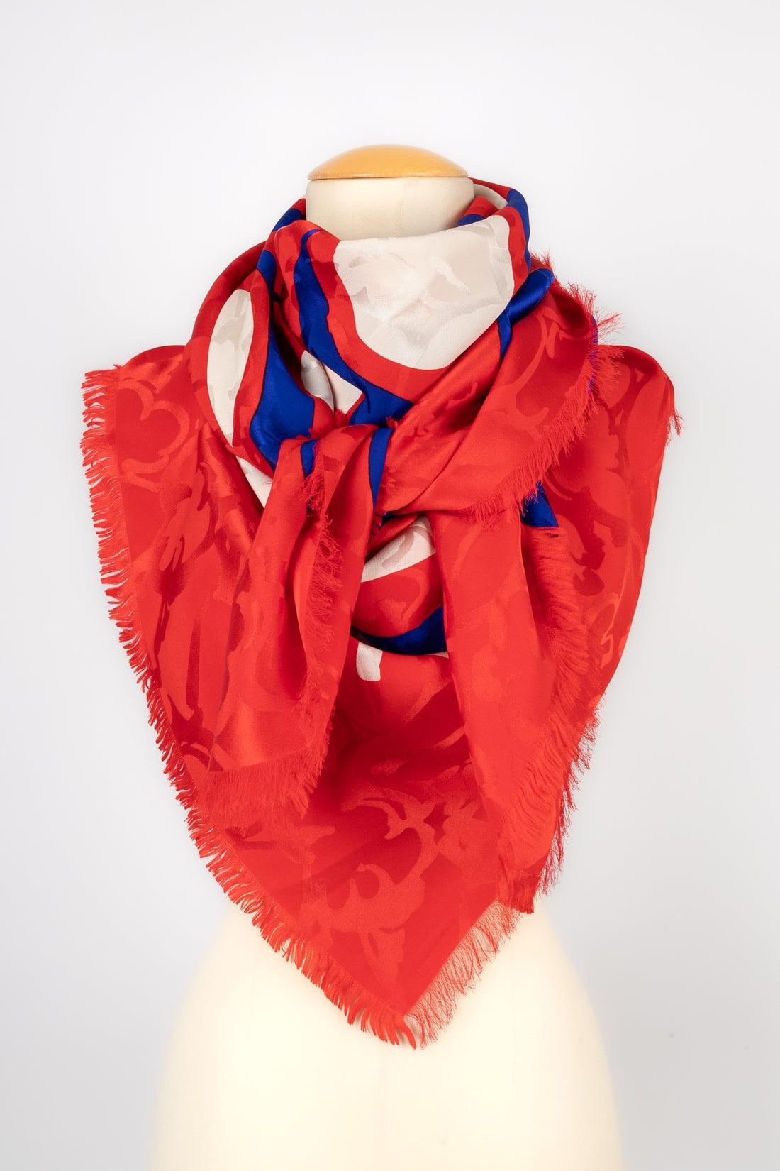 Foulard Dior grande de seda en tonos rojos, azules y beige con motivos abstractos Rojo en venta