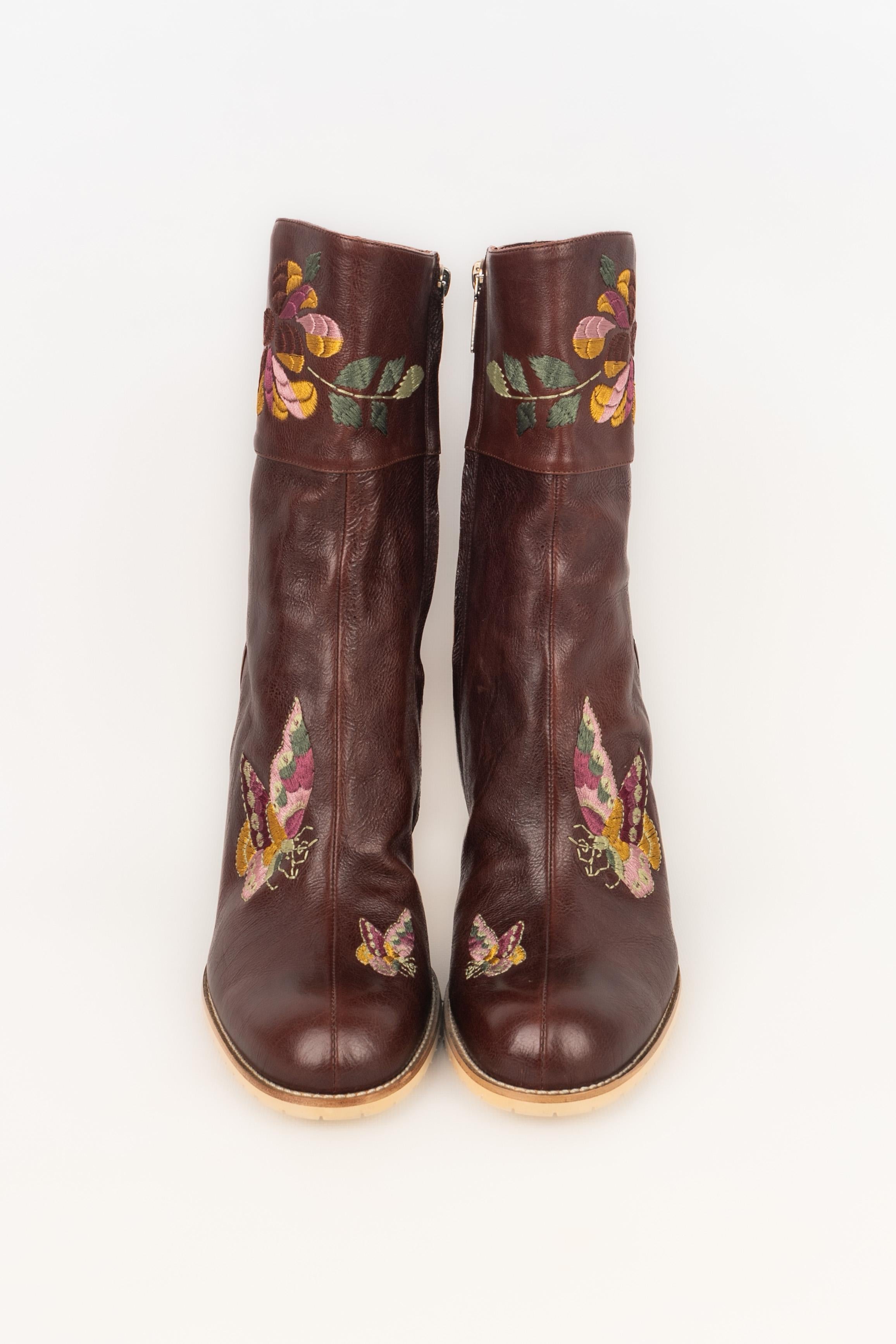 Brown Dior leather ankle boots shoes For Sale