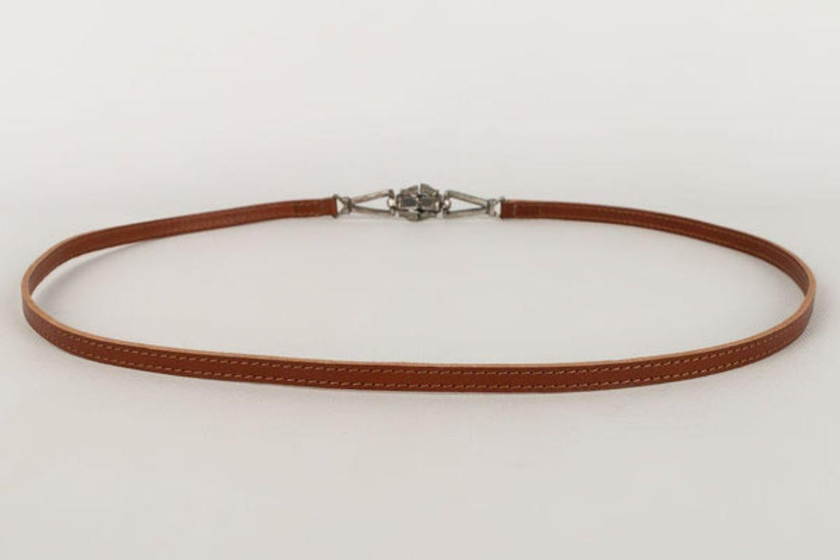 Brown Dior Leather Belt with Silver Metal Buckle