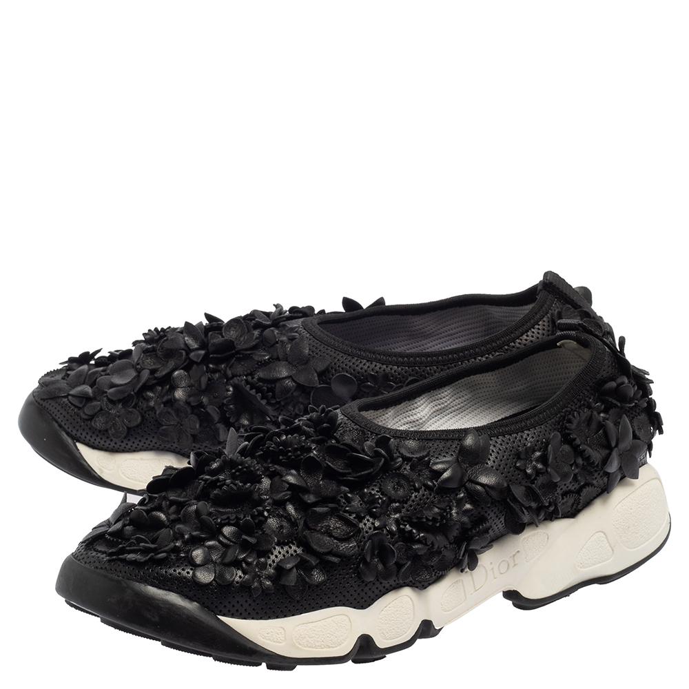 Black Dior Leather Flower Embellished Fusion Sneakers Size 37.5