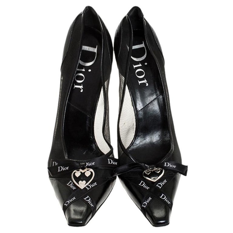 Dior Leather Mesh Heart Charm Logo Ribbon Embellished Square Toe Pumps