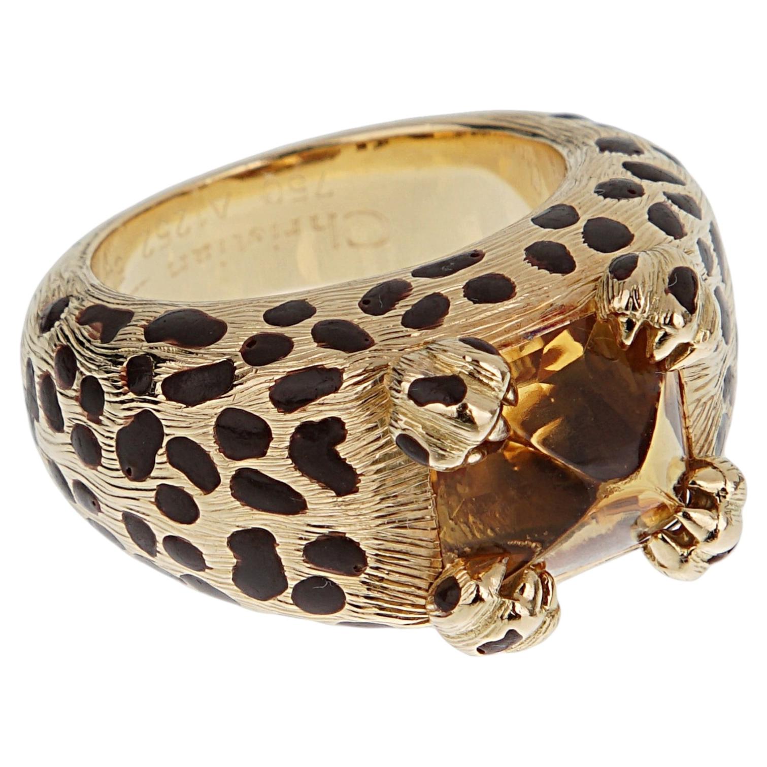 Dior Leopard 18k Yellow Gold Citrine Enamel Cocktail Ring Sz 5 1/4