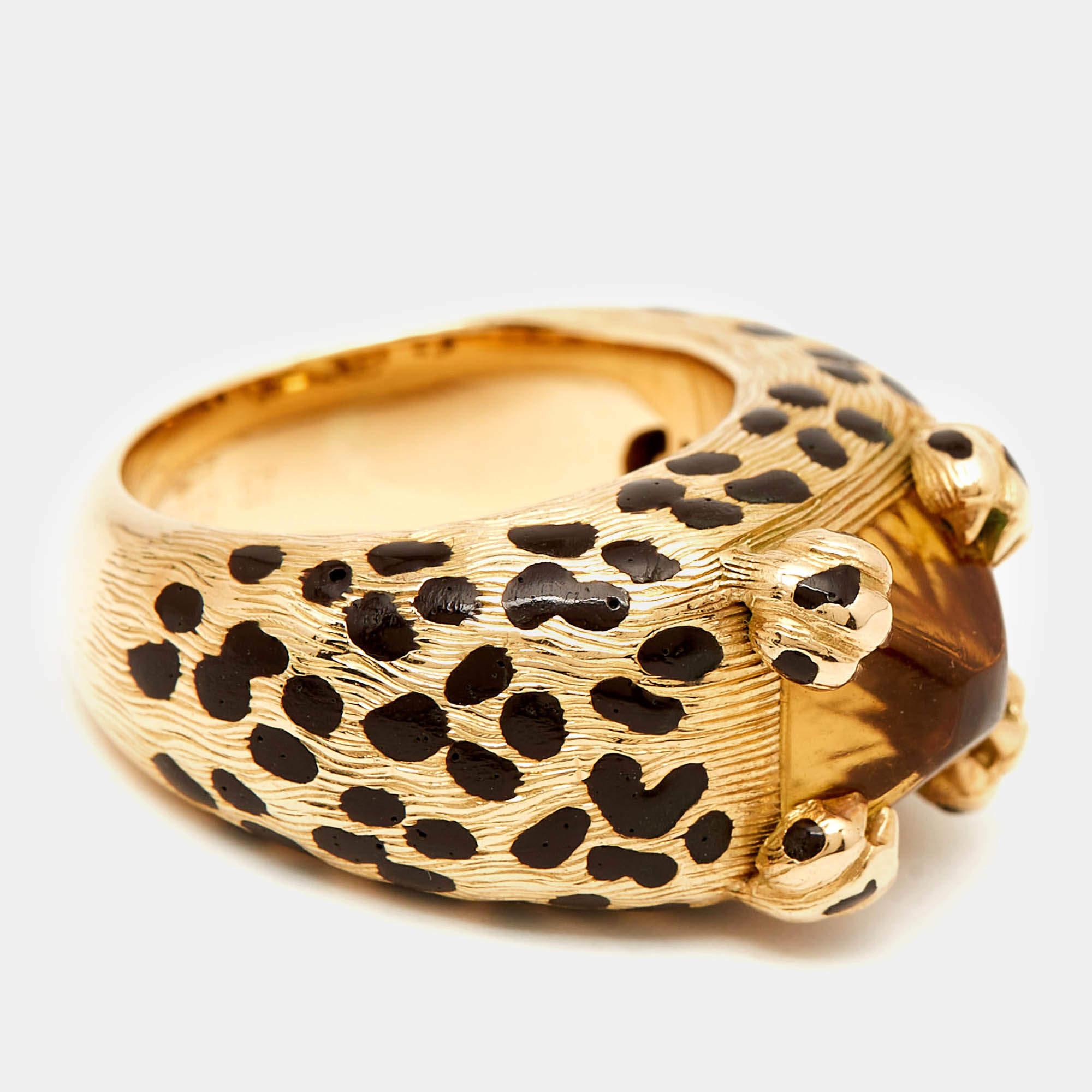 Dior Leopard Citrine Lacquer 18k Yellow Gold Ring Size 52 In Good Condition For Sale In Dubai, Al Qouz 2