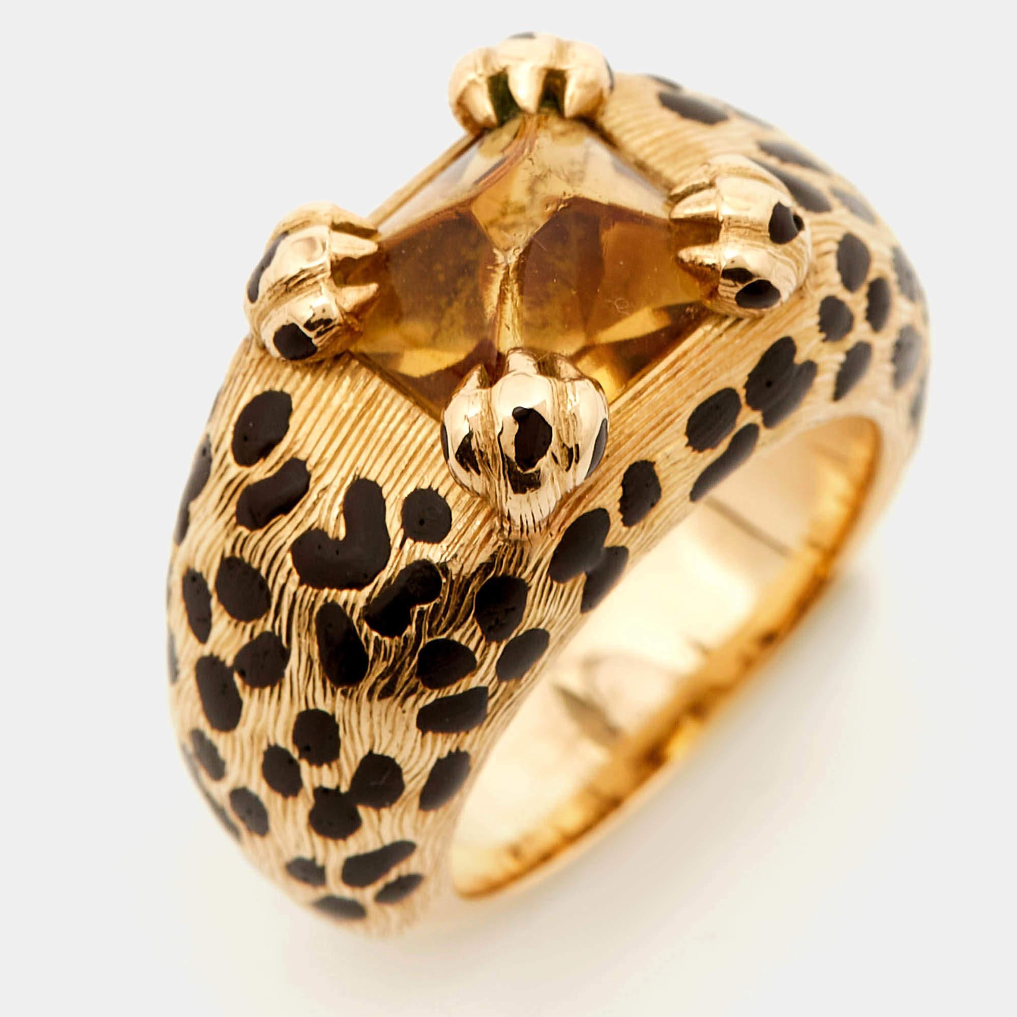 Women's Dior Leopard Citrine Lacquer 18k Yellow Gold Ring Size 52 For Sale