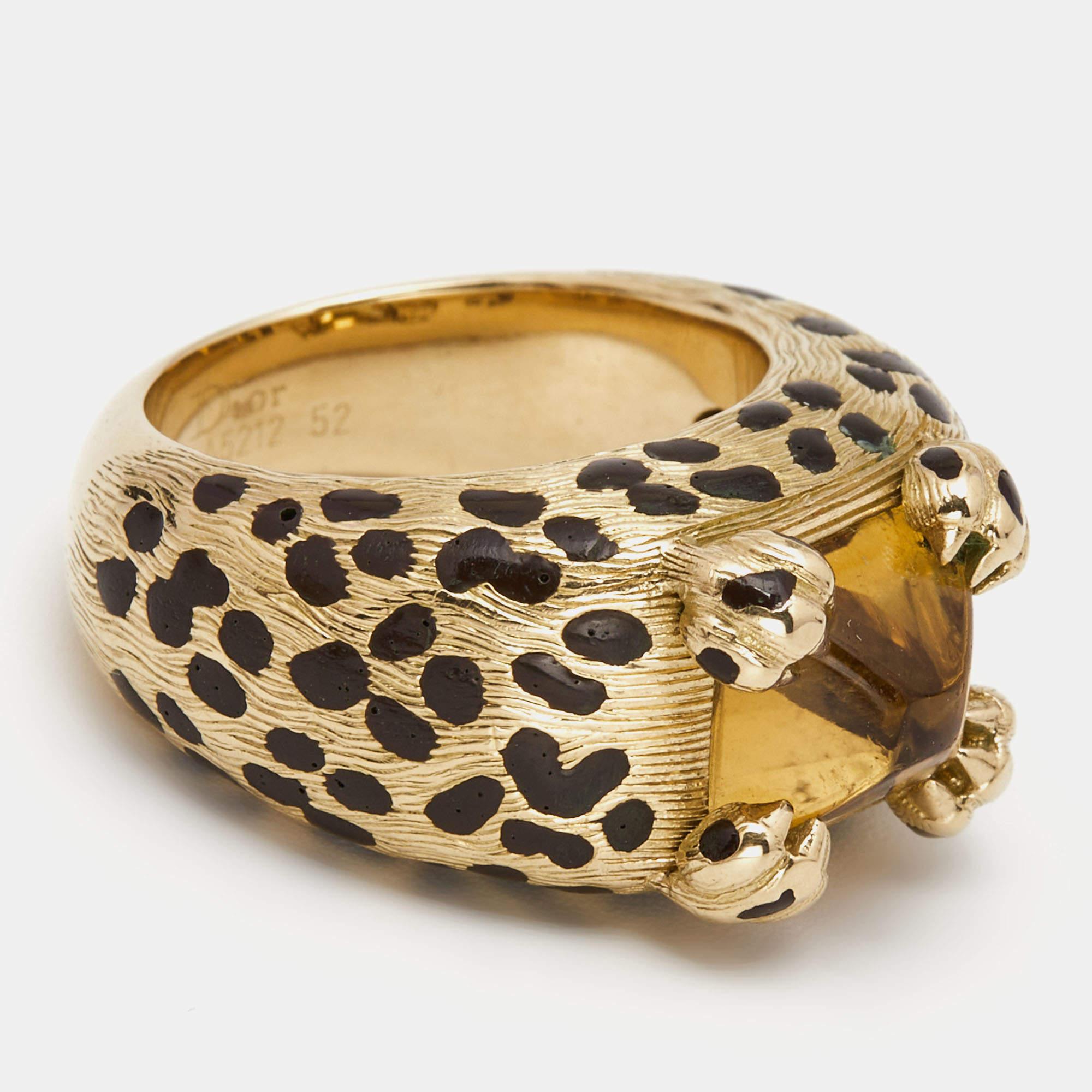 Uncut Dior Leopard Citrine Lacquer 18k Yellow Gold Ring Size 52 For Sale