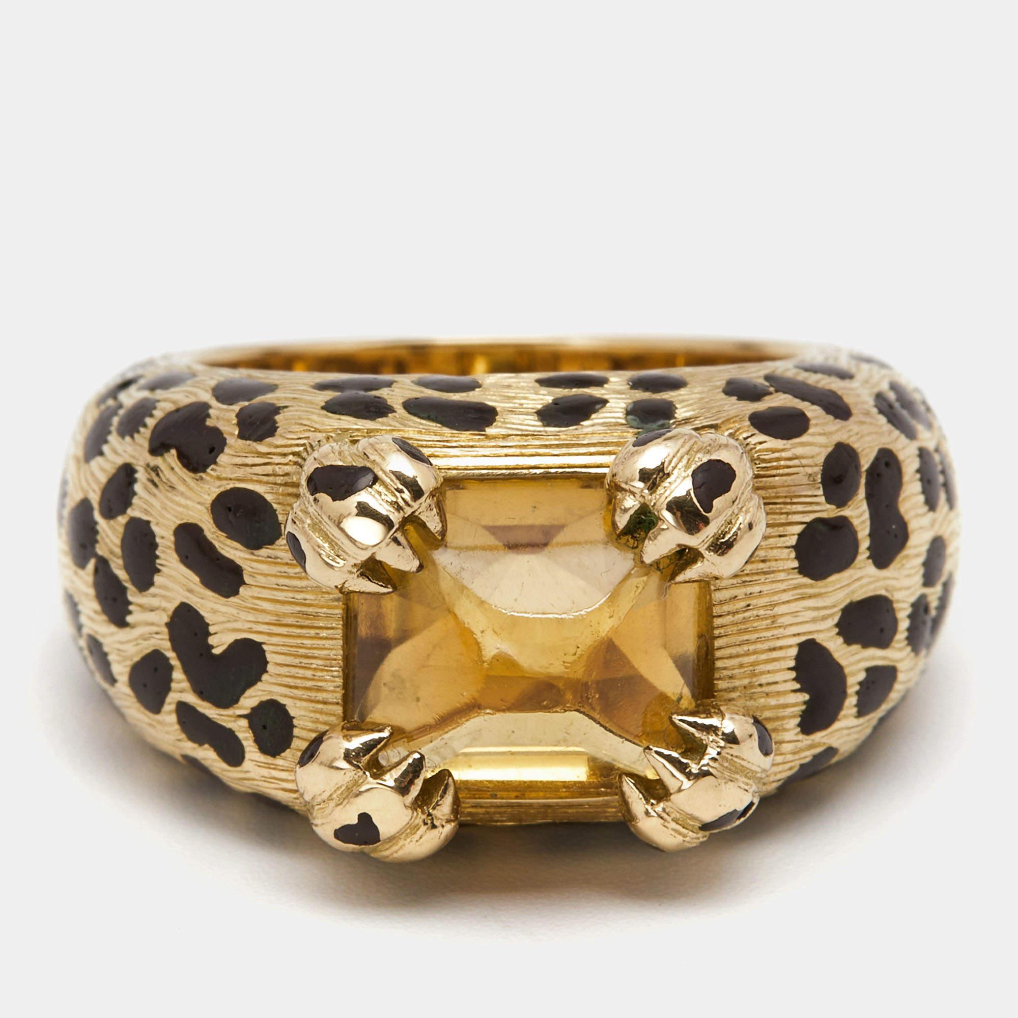 Women's Dior Leopard Citrine Lacquer 18k Yellow Gold Ring Size 52 For Sale