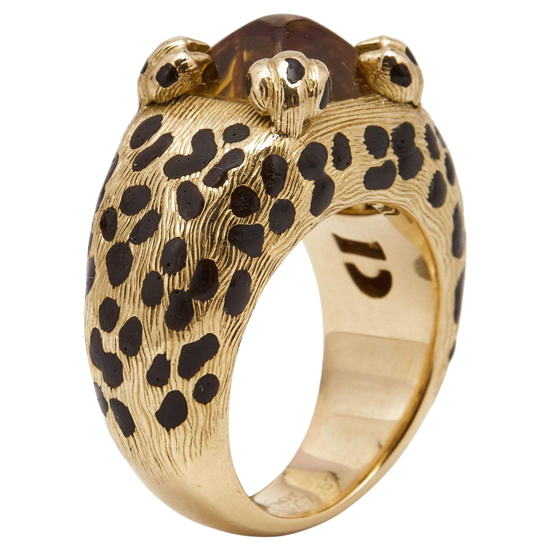 Dior Leopard Citrine Lacquer 18k Yellow Gold Ring Size 52 For Sale