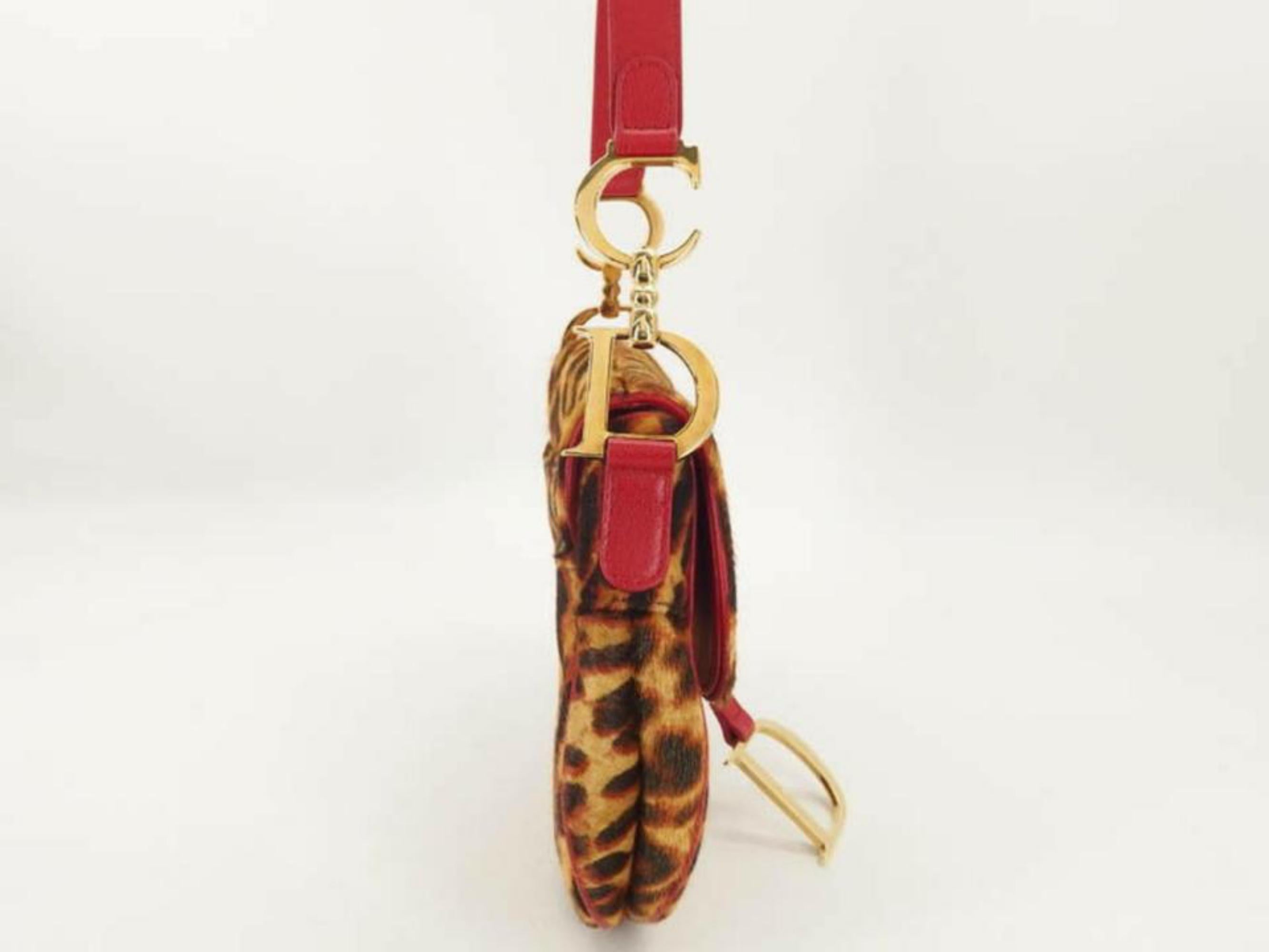 Dior Leopard Saddle 869916 Red Pony Fur Shoulder Bag 3