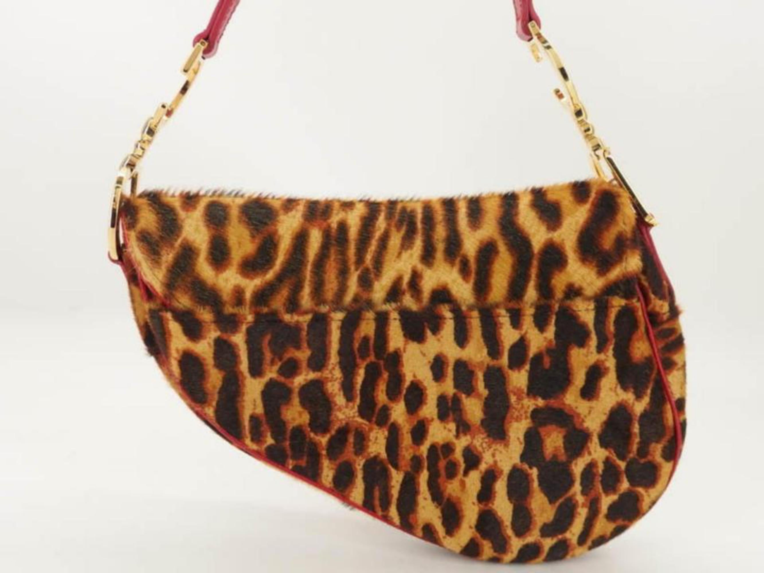 Dior Leopard Saddle 869916 Red Pony Fur Shoulder Bag 4