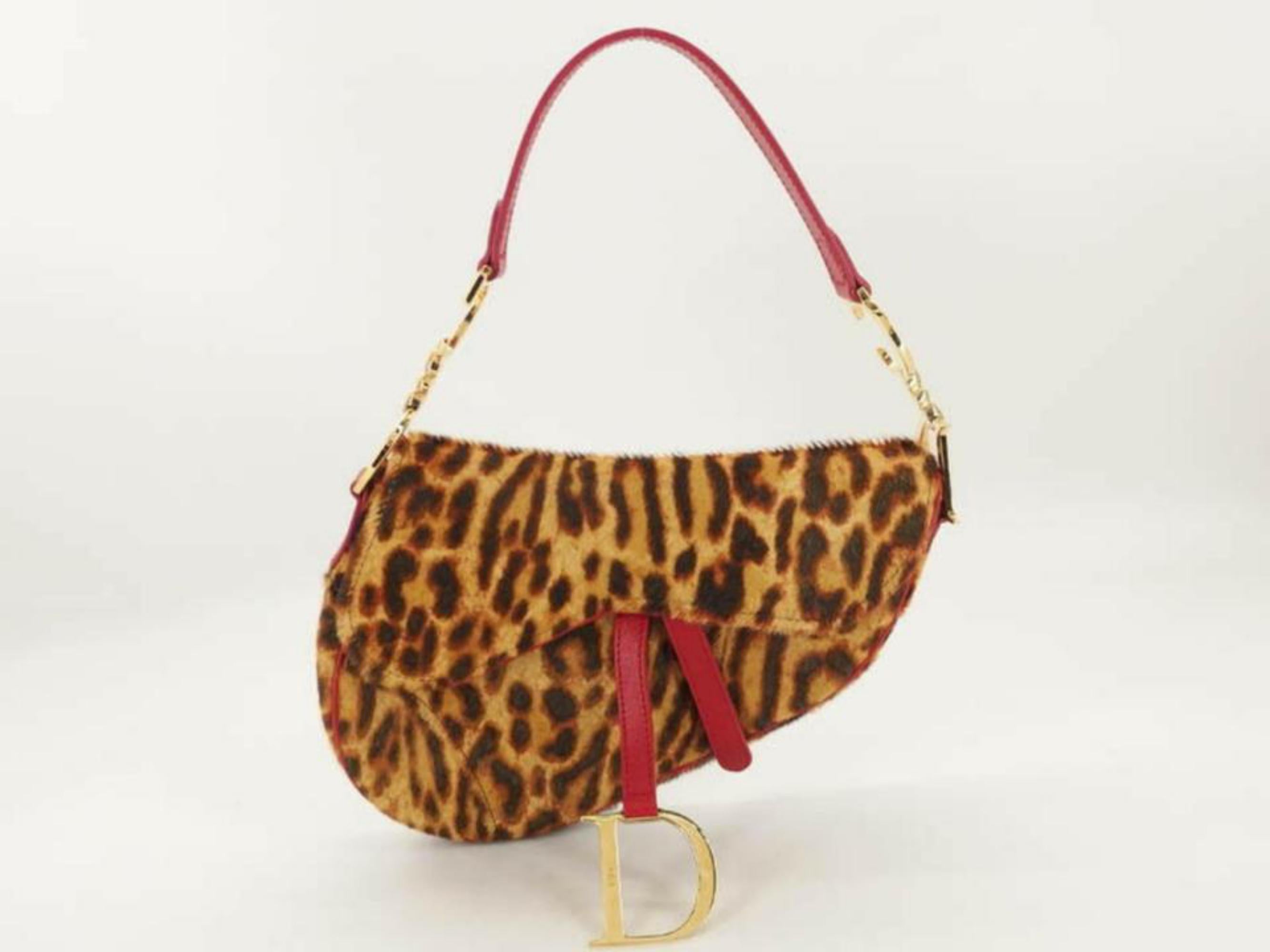 Dior Leopard Saddle 869916 Red Pony Fur Shoulder Bag In Excellent Condition In Forest Hills, NY