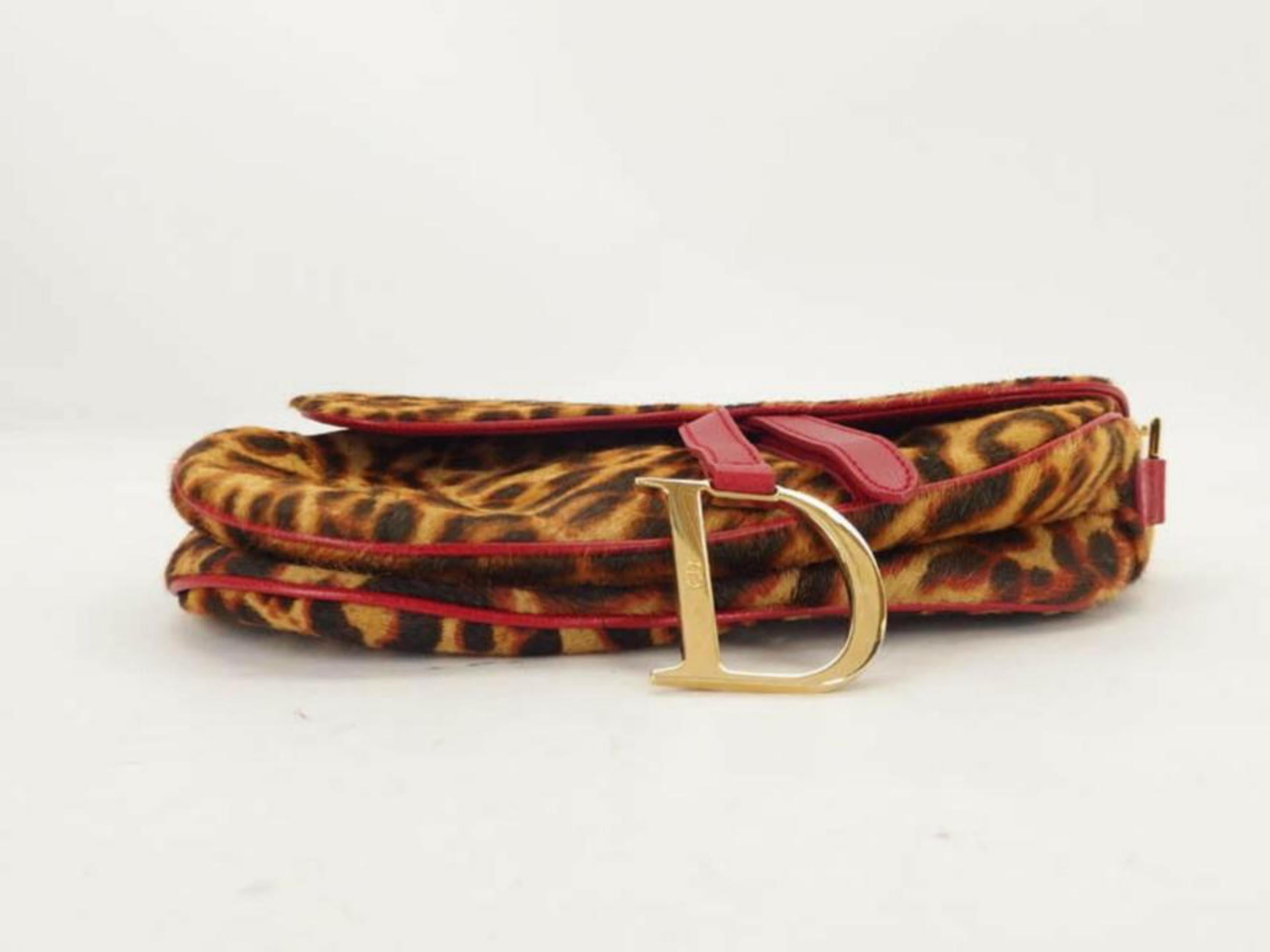 Women's Dior Leopard Saddle 869916 Red Pony Fur Shoulder Bag