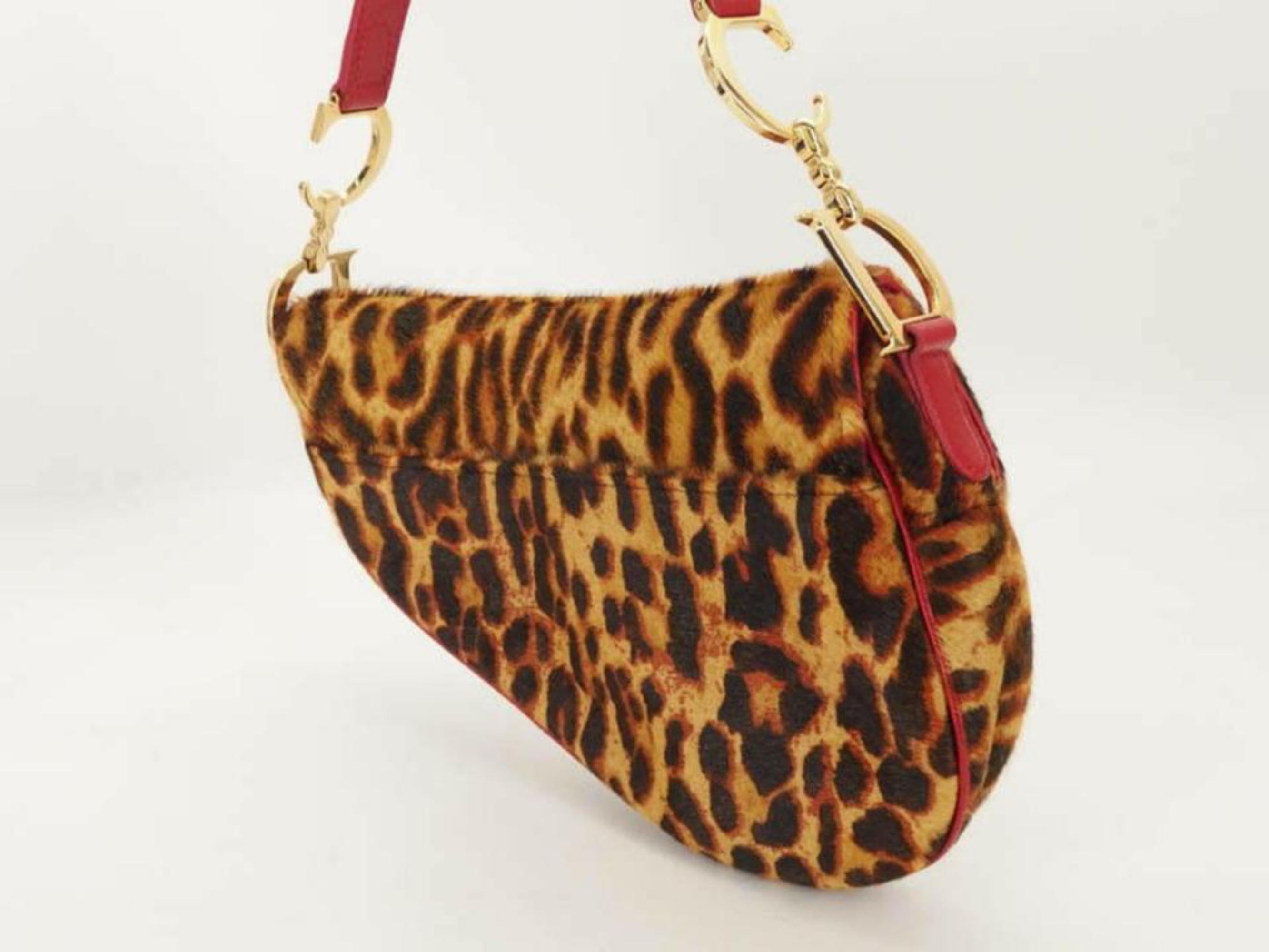 Dior Leopard Saddle 869916 Red Pony Fur Shoulder Bag 1