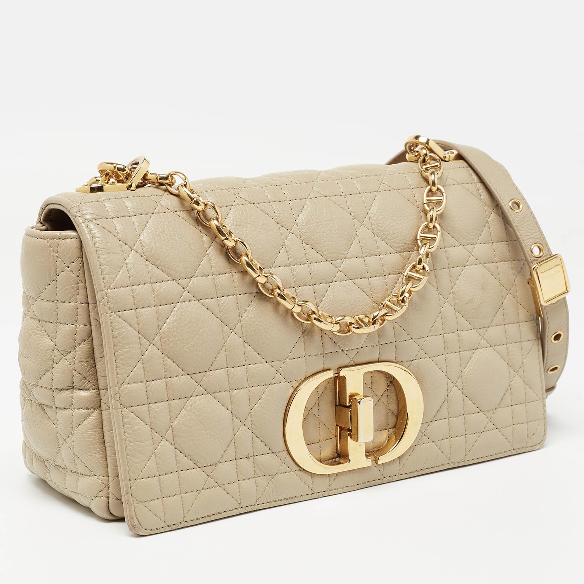 Dior Light Beige Cannage Leather Medium Caro Shoulder Bag In Fair Condition In Dubai, Al Qouz 2