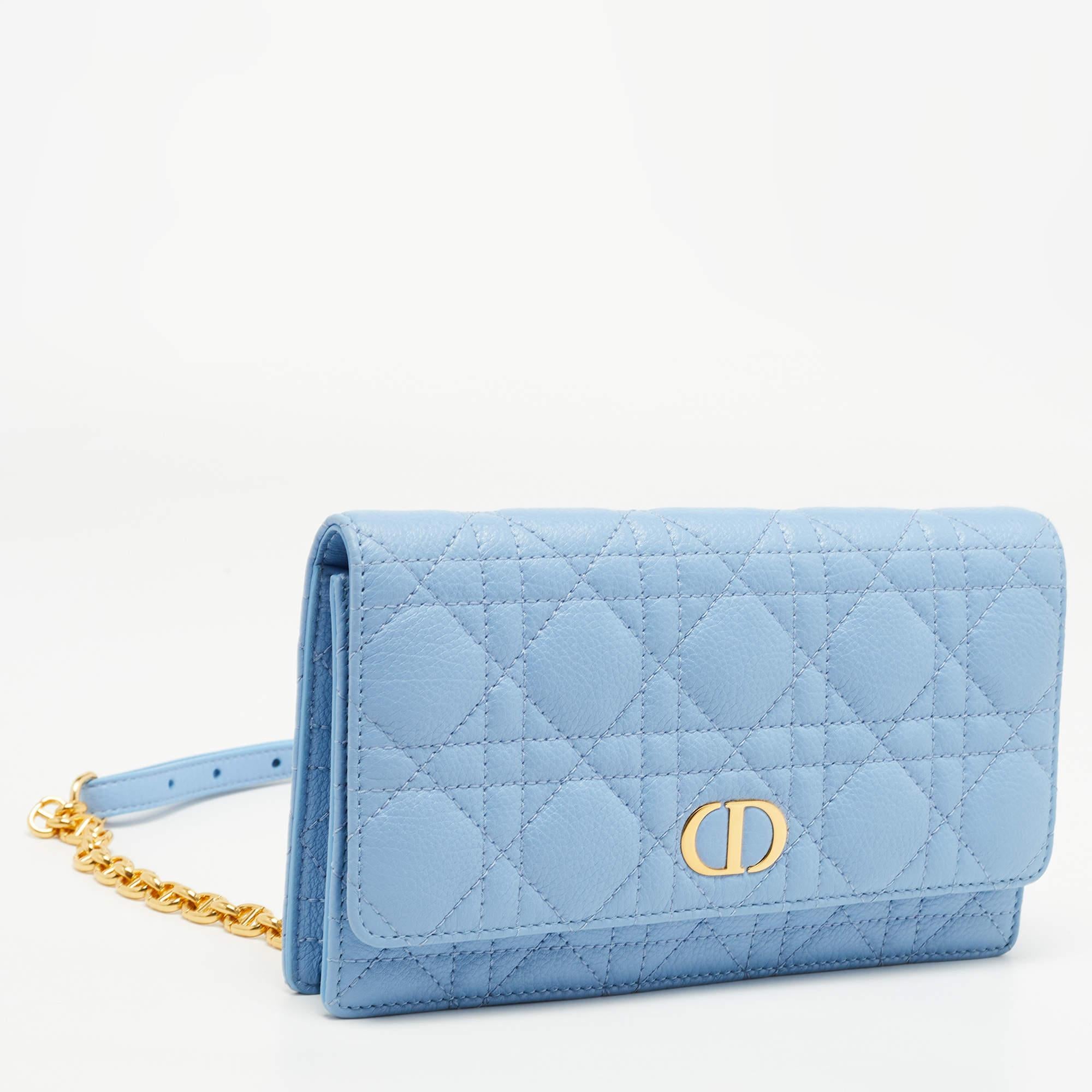 Women's Dior Light Blue Cannage Leather Caro Belt Pouch with Chain