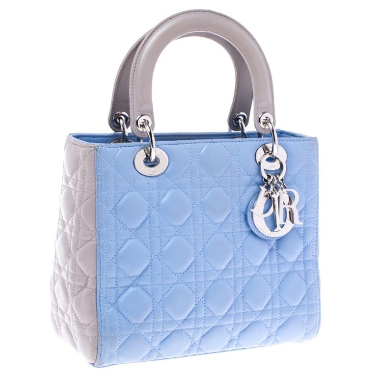 Dior Light Blue Grey Leather Medium Lady Dior Tote For Sale At 1stdibs