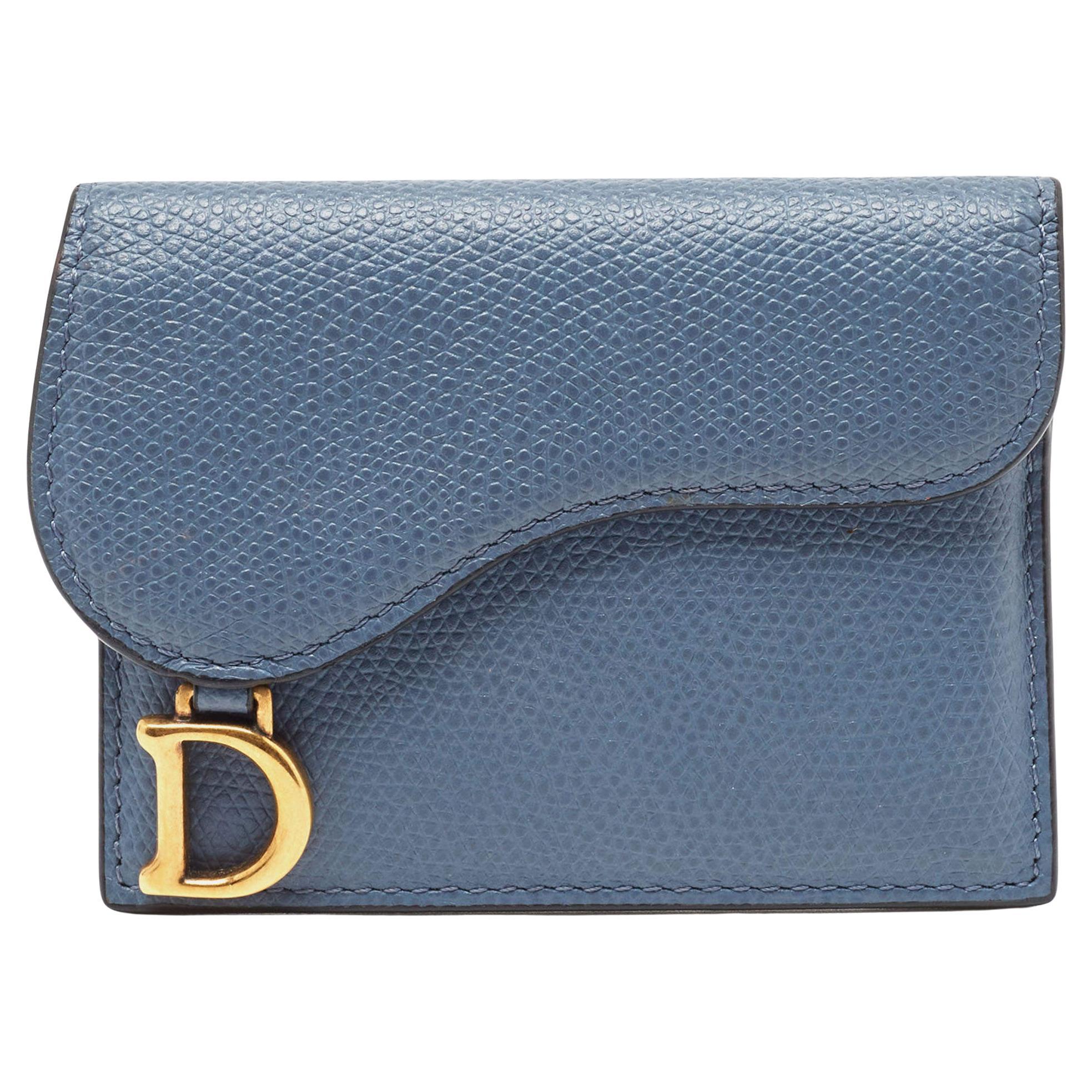 Dior - Porte-cartes selle en cuir bleu ciel en vente