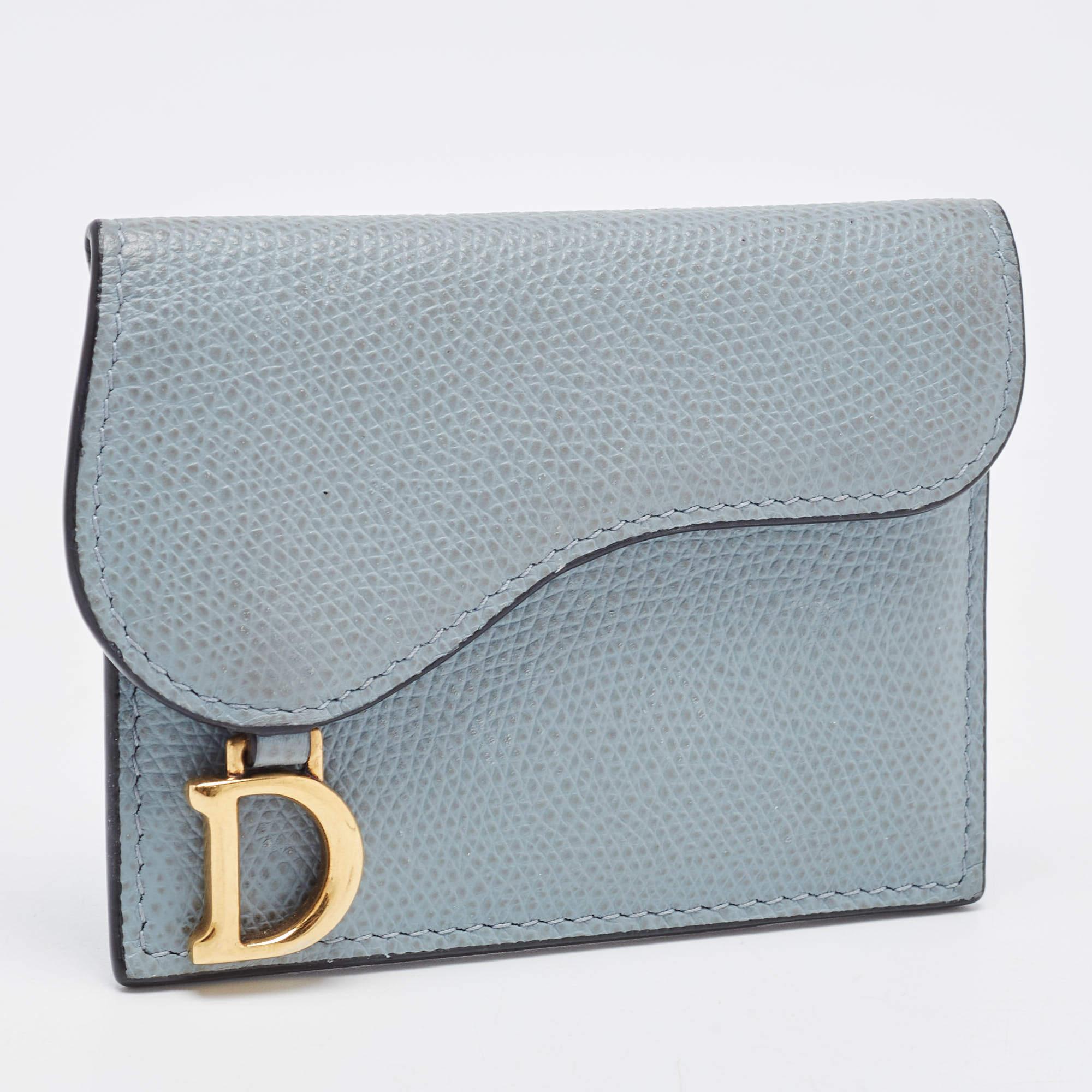 Gray Dior Light Blue Leather Saddle Flap Card Case