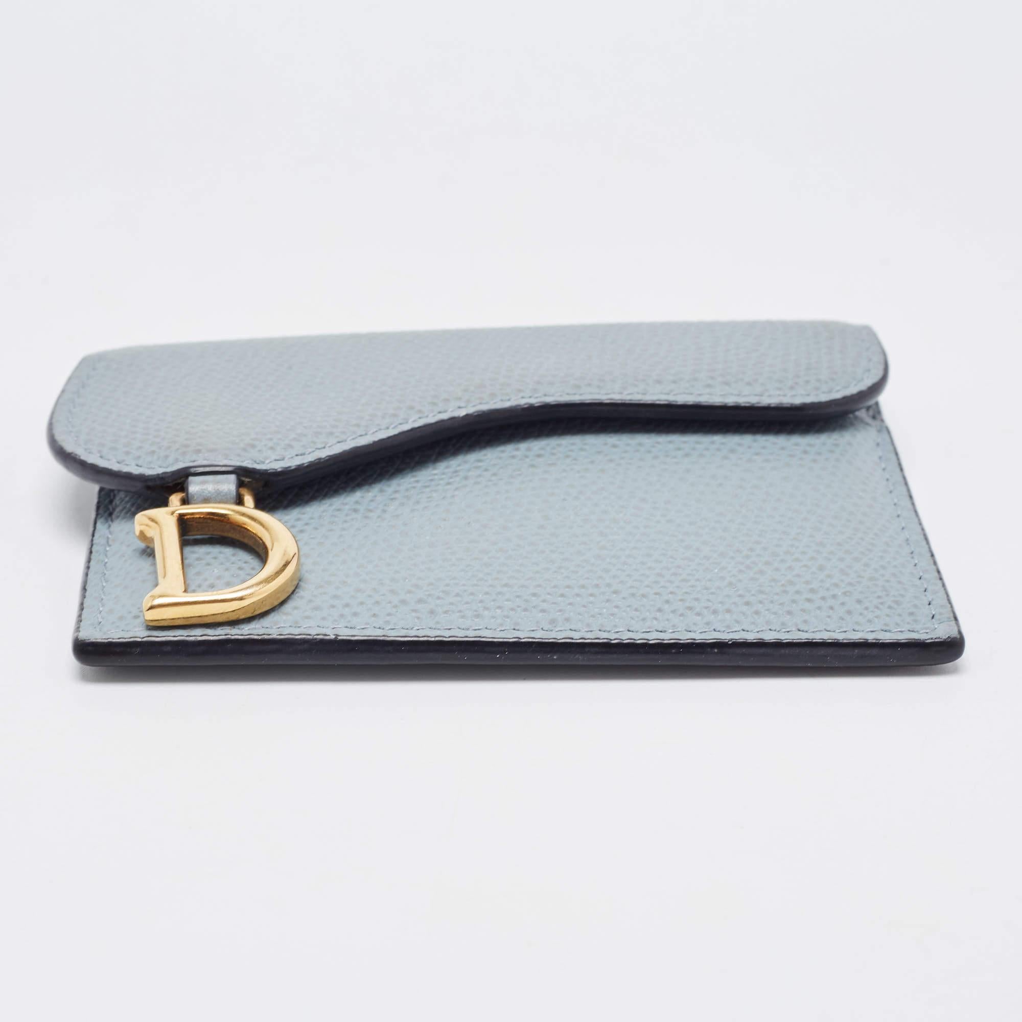 Dior Light Blue Leather Saddle Flap Card Case In Good Condition In Dubai, Al Qouz 2