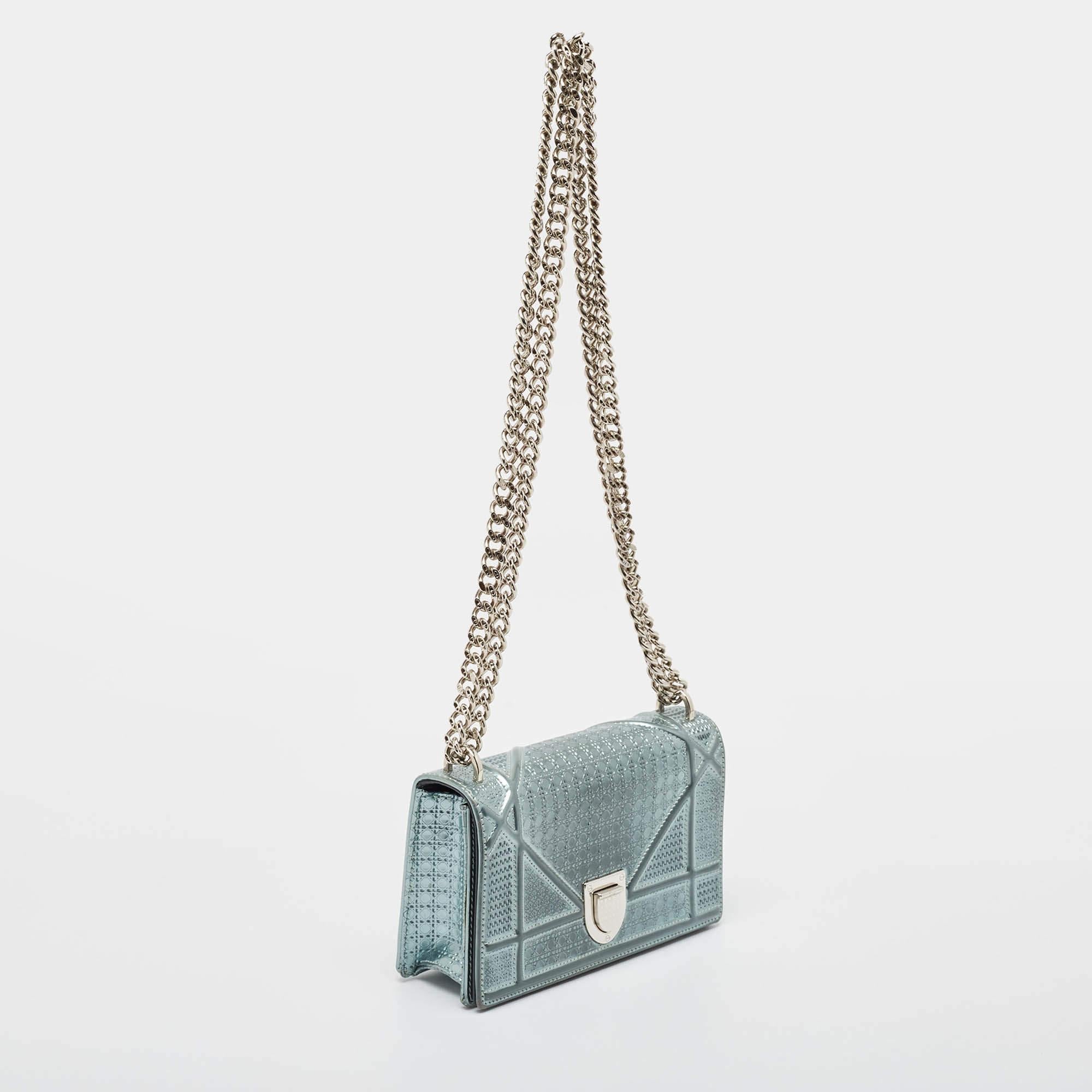 Gray Dior Light Blue Microcannage Patent Leather Mini Diorama Chain Shoulder Bag