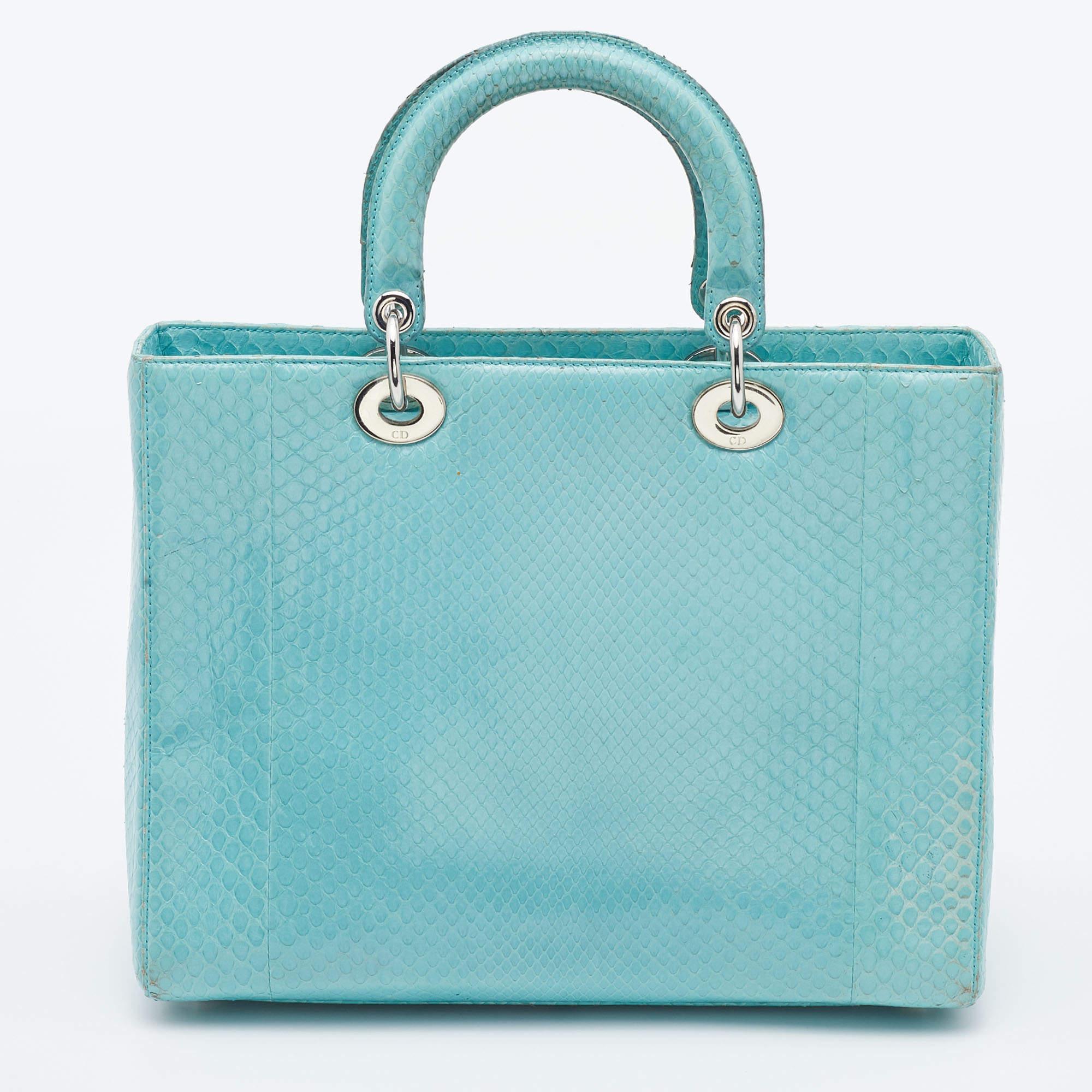 Dior Light Blue Python Leather Large Lady Dior Tote For Sale 5